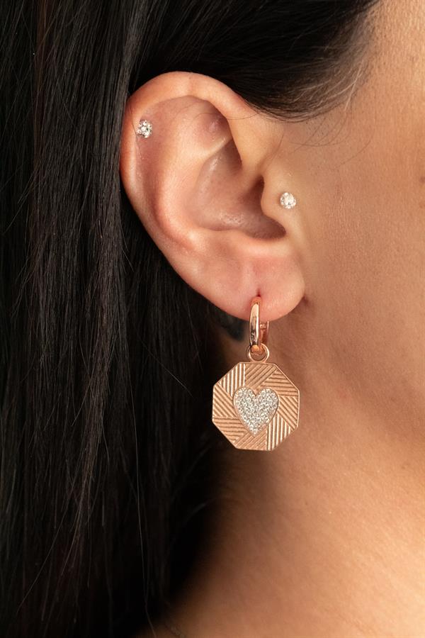 925 Ayar Gümüş Kalp Detaylı Altıgen Küpe 