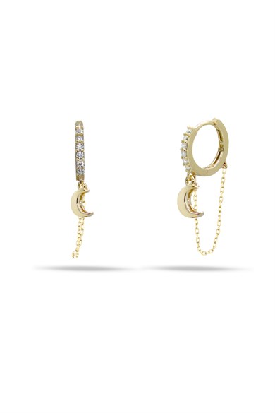 925 Ayar Gümüş Zincir Detaylı Hilal Küpe