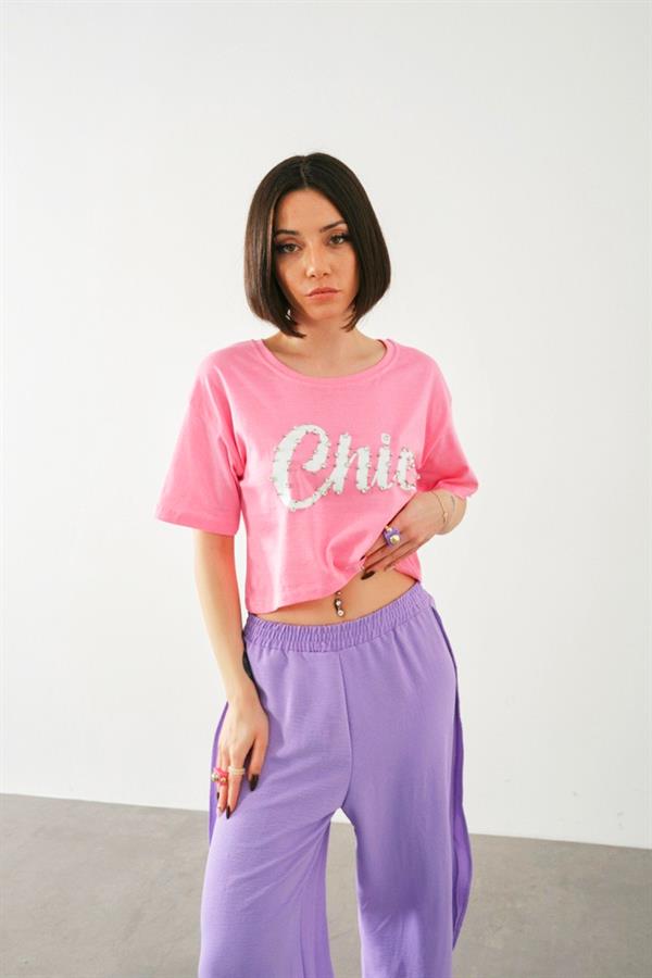 Taş İşlemeli Chic Baskı T-Shirt