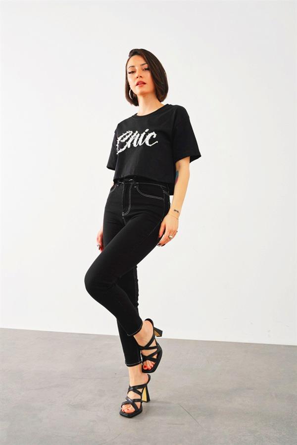 Taş İşlemeli Chic Baskı T-Shirt