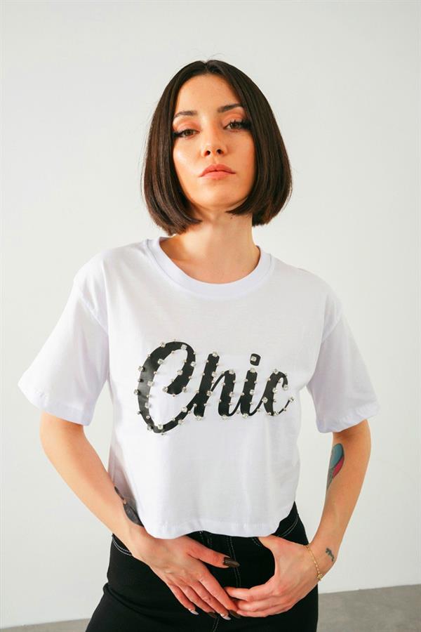 Taş İşlemeli Chic Baskı T-Shirt