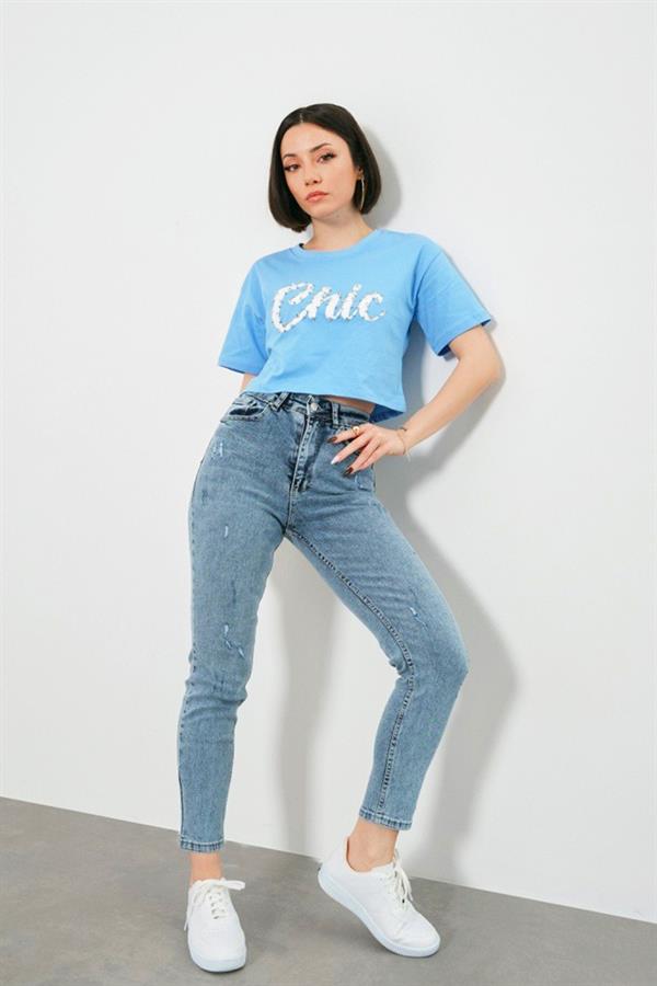 Taş İşlemeli Chic Baskı T-Shirt