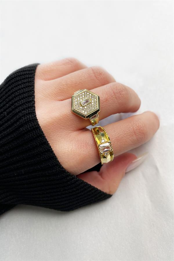 925 Ayar Gümüş Zirkon Taşlı Altıgen Yüzük