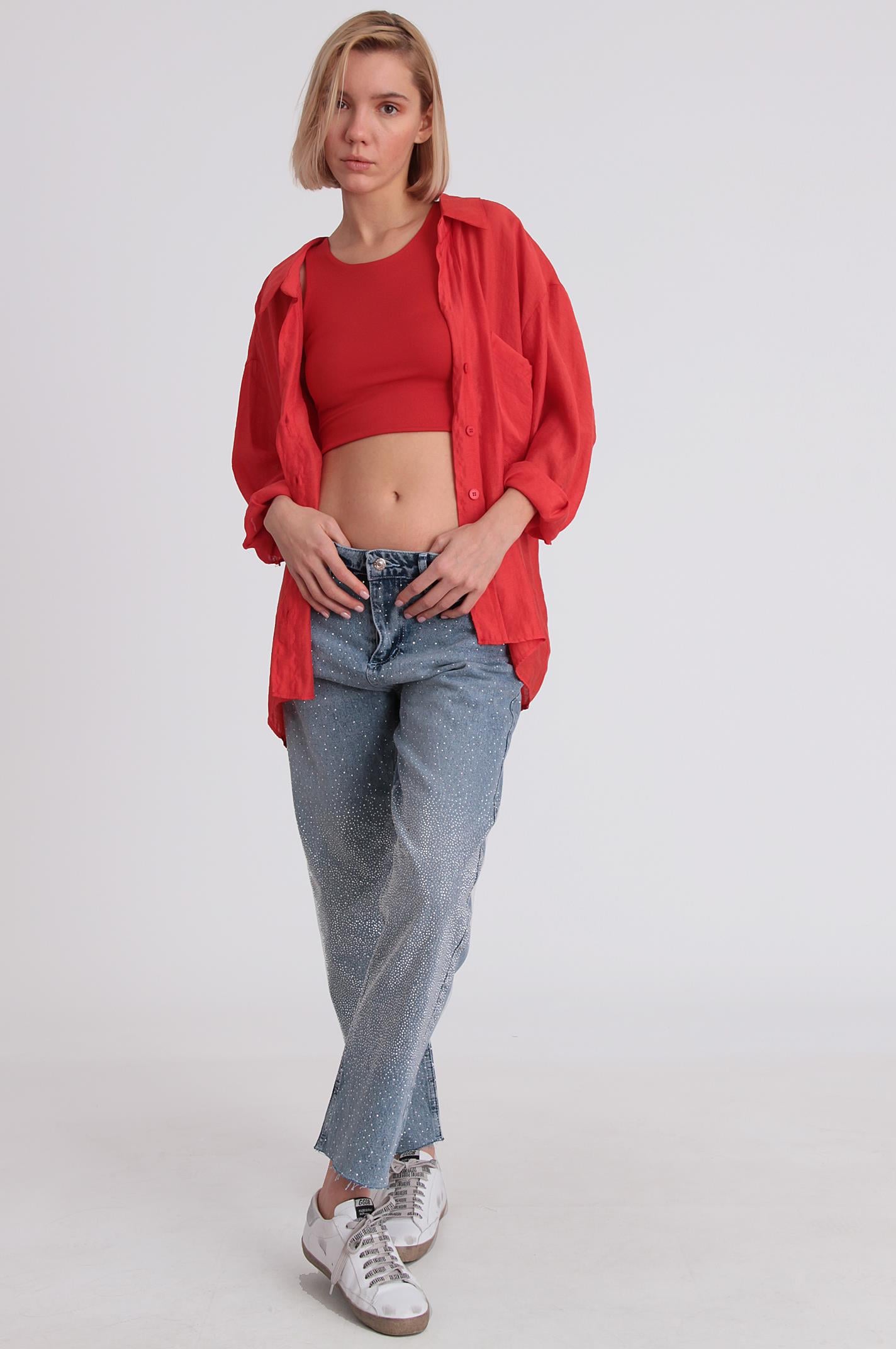 4612 DÜŞÜK OMUZLU OVERSİZE GÖMLEK KIRMIZI