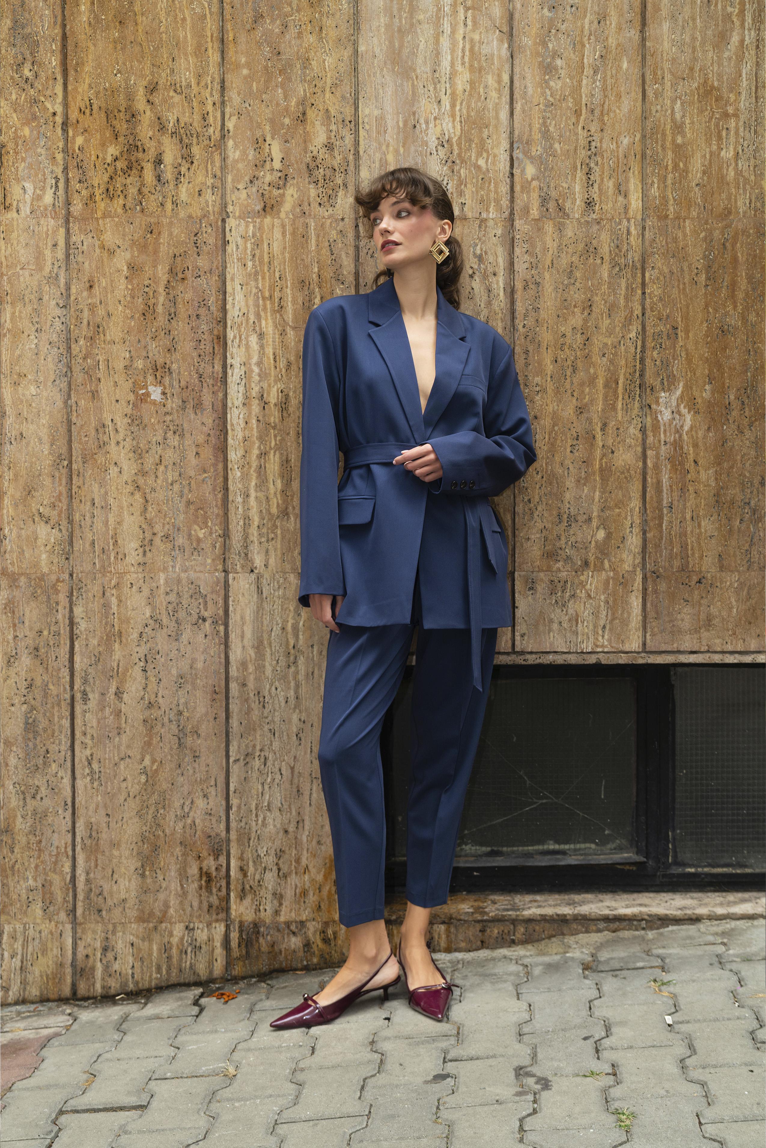 9597 CEKET KEMERLİ PANTOLON TAKIM LACİVERT