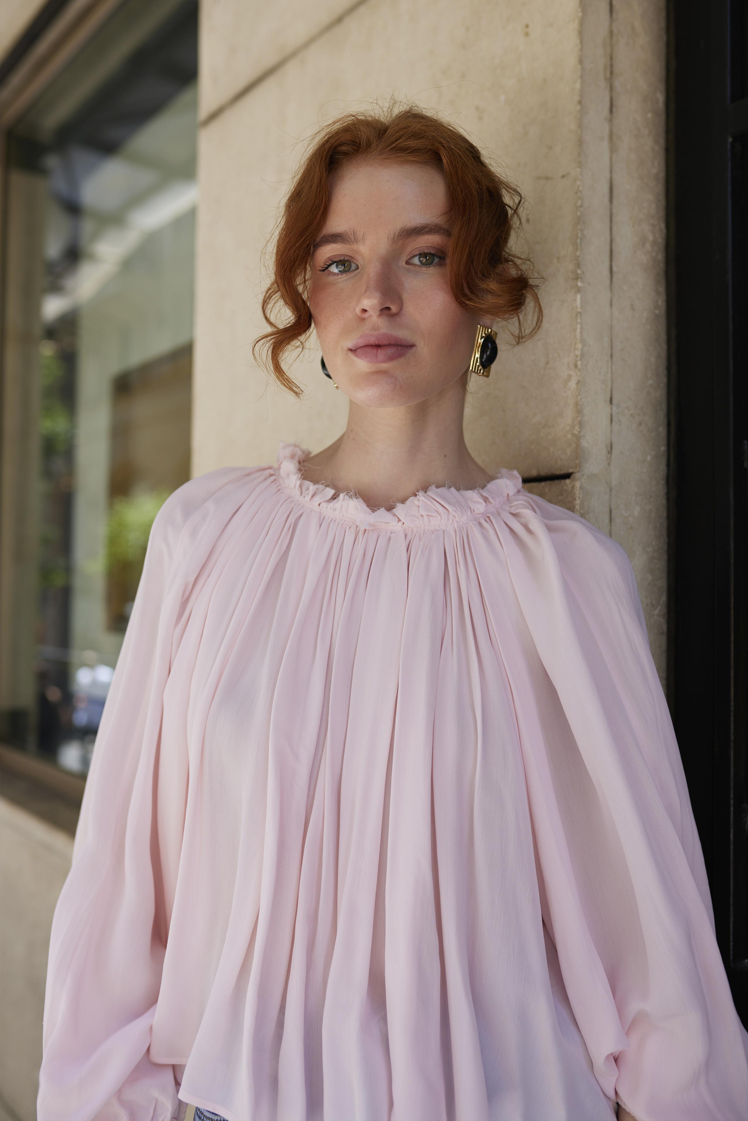 4959 YAKASI BÜZGÜLÜ BLUZ ŞEKER PEMBE