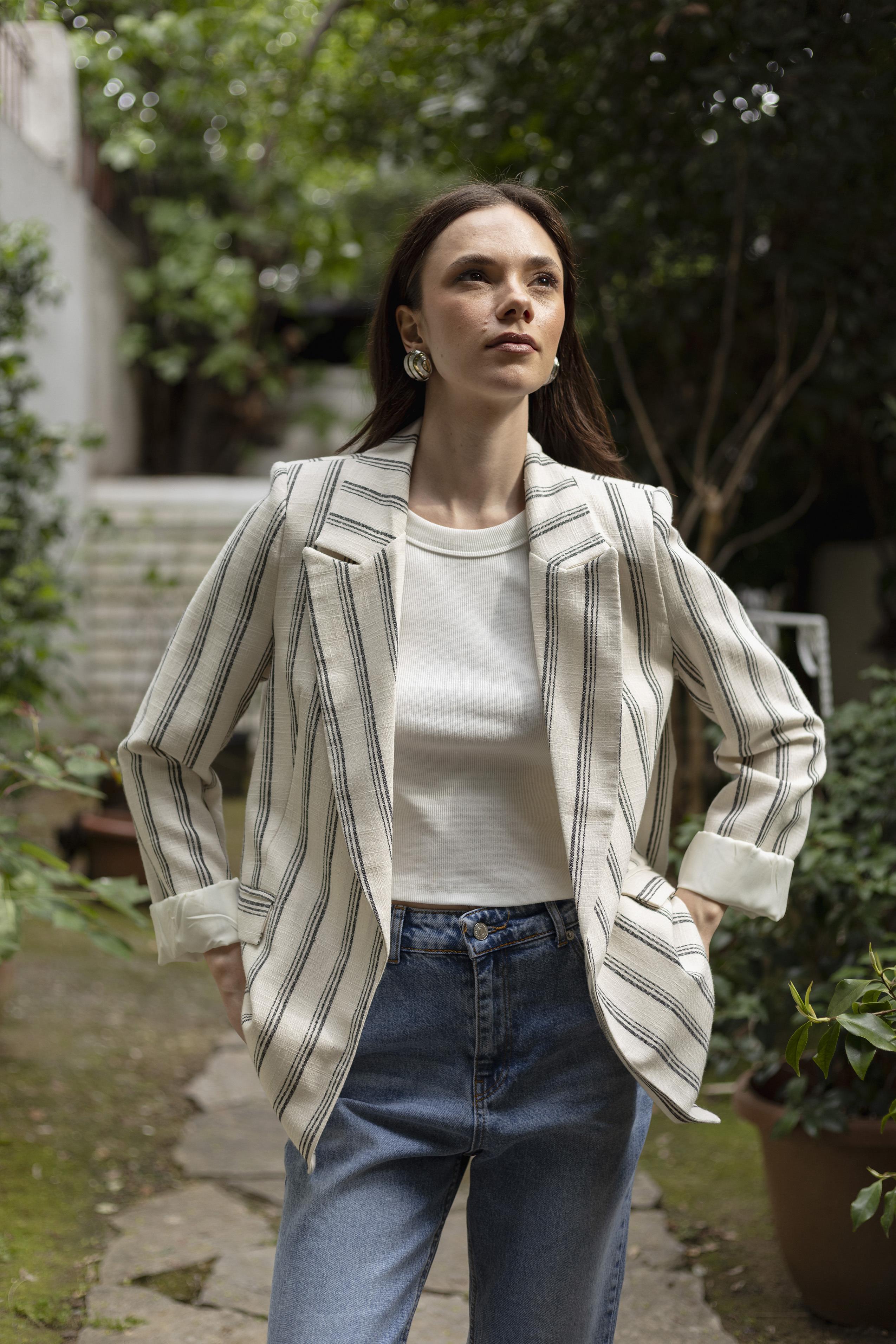 9424 ÇİZGİLİ KETEN CEKET (9134) TAŞ-LACİVERT