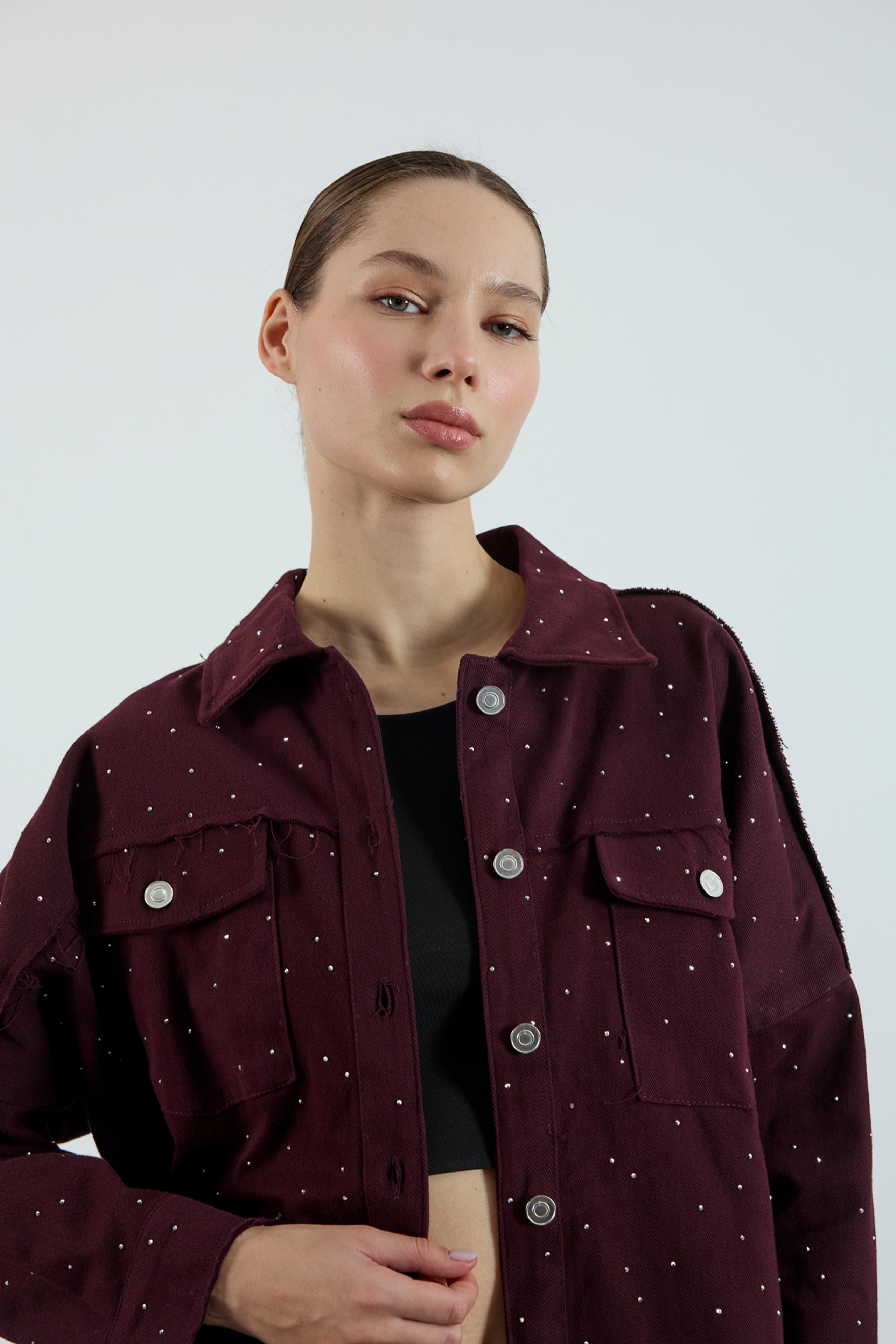 9566 GABARDİN TAŞLI CEKET MÜRDÜM