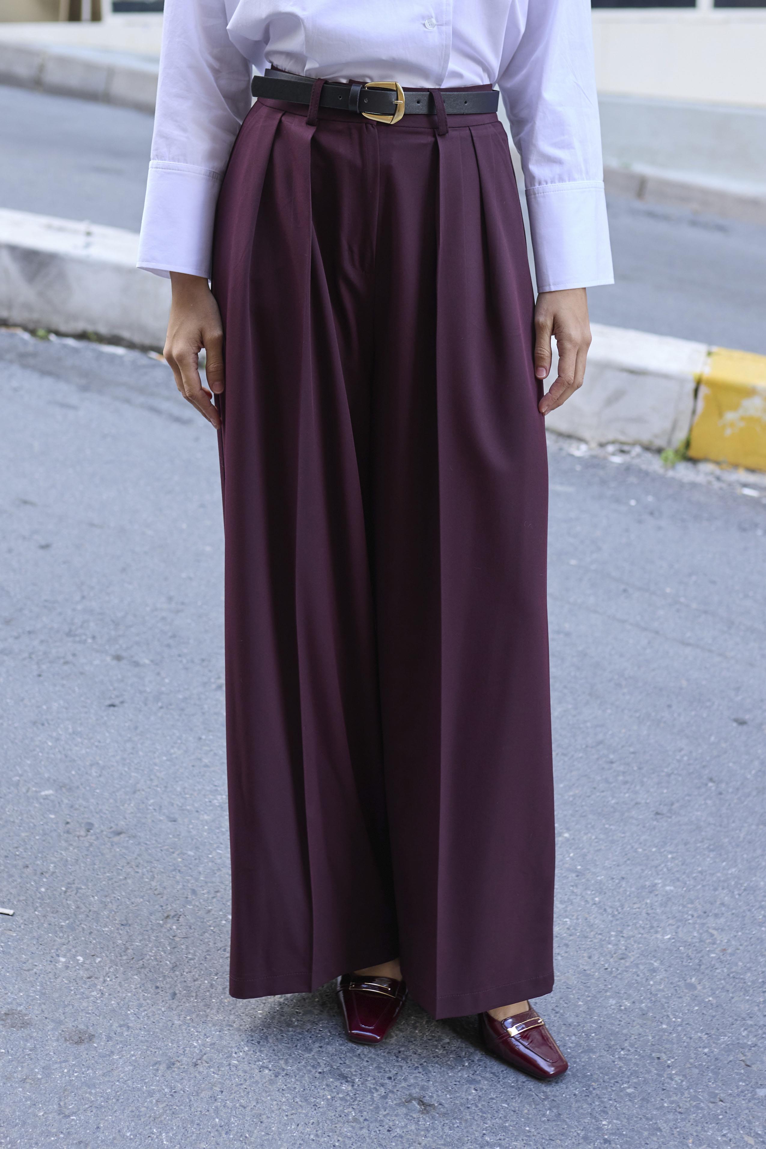 51070 PİLİLİ PALAZZO KEMERLİ PANTOLON MÜRDÜM