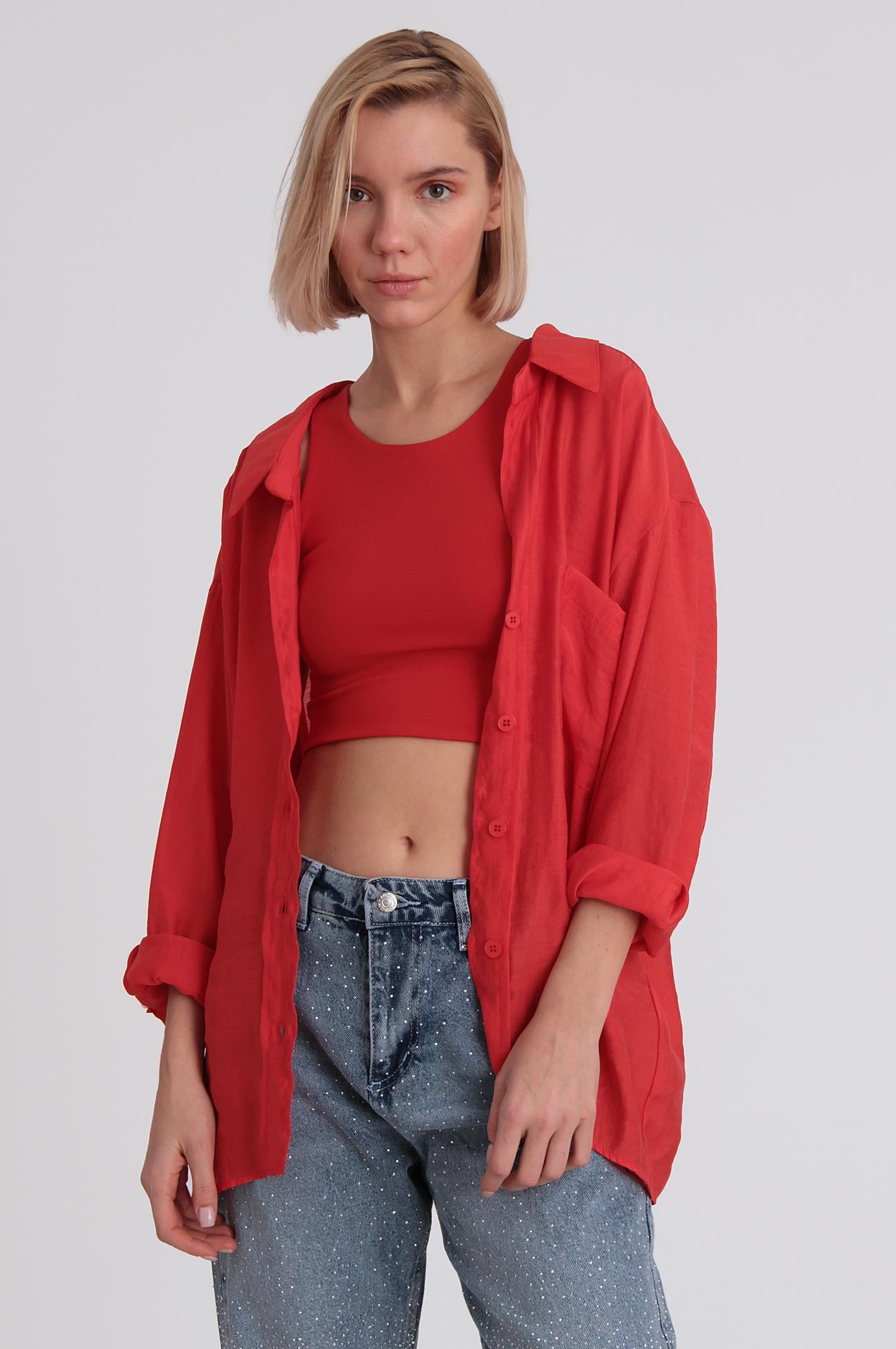 4612 DÜŞÜK OMUZLU OVERSİZE GÖMLEK KIRMIZI