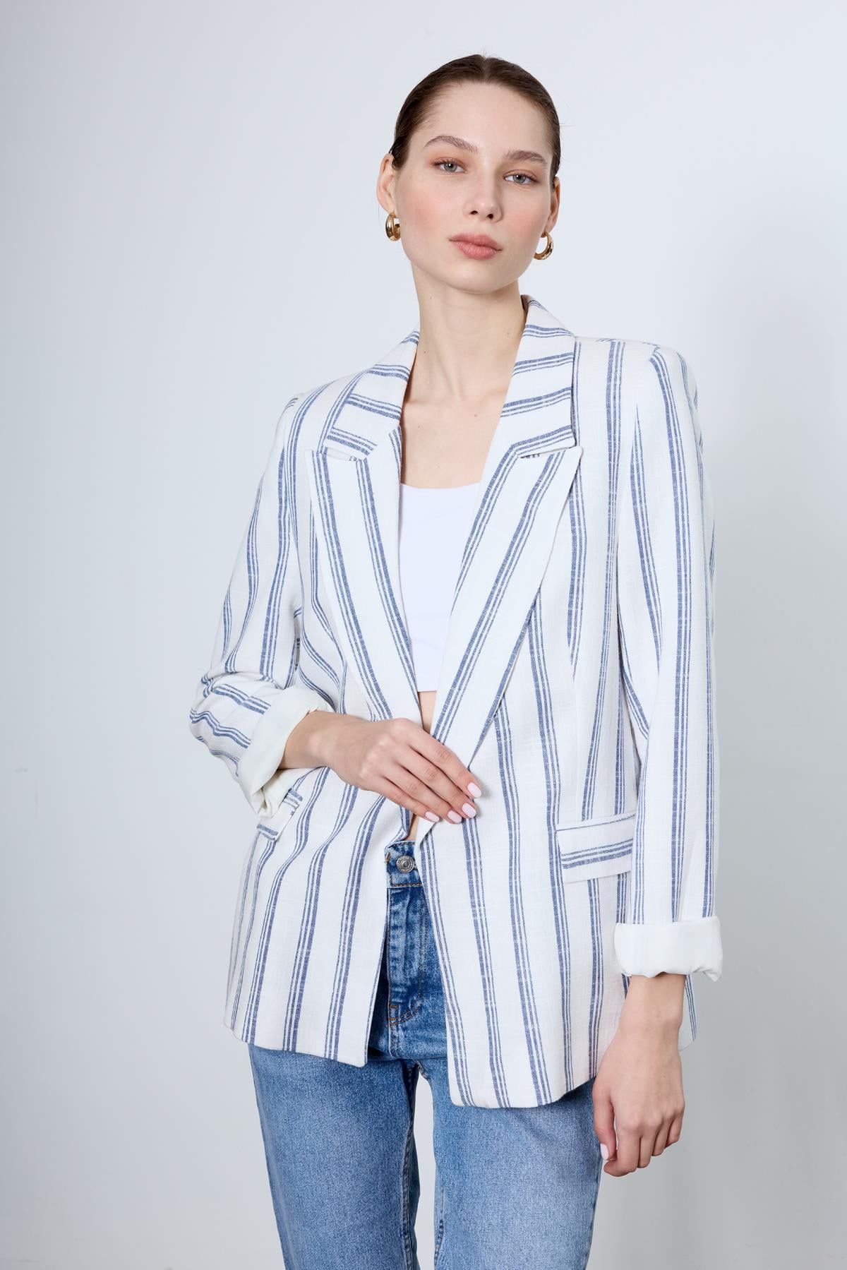 9424 ÇİZGİLİ KETEN CEKET (9134) BEYAZ-SAX