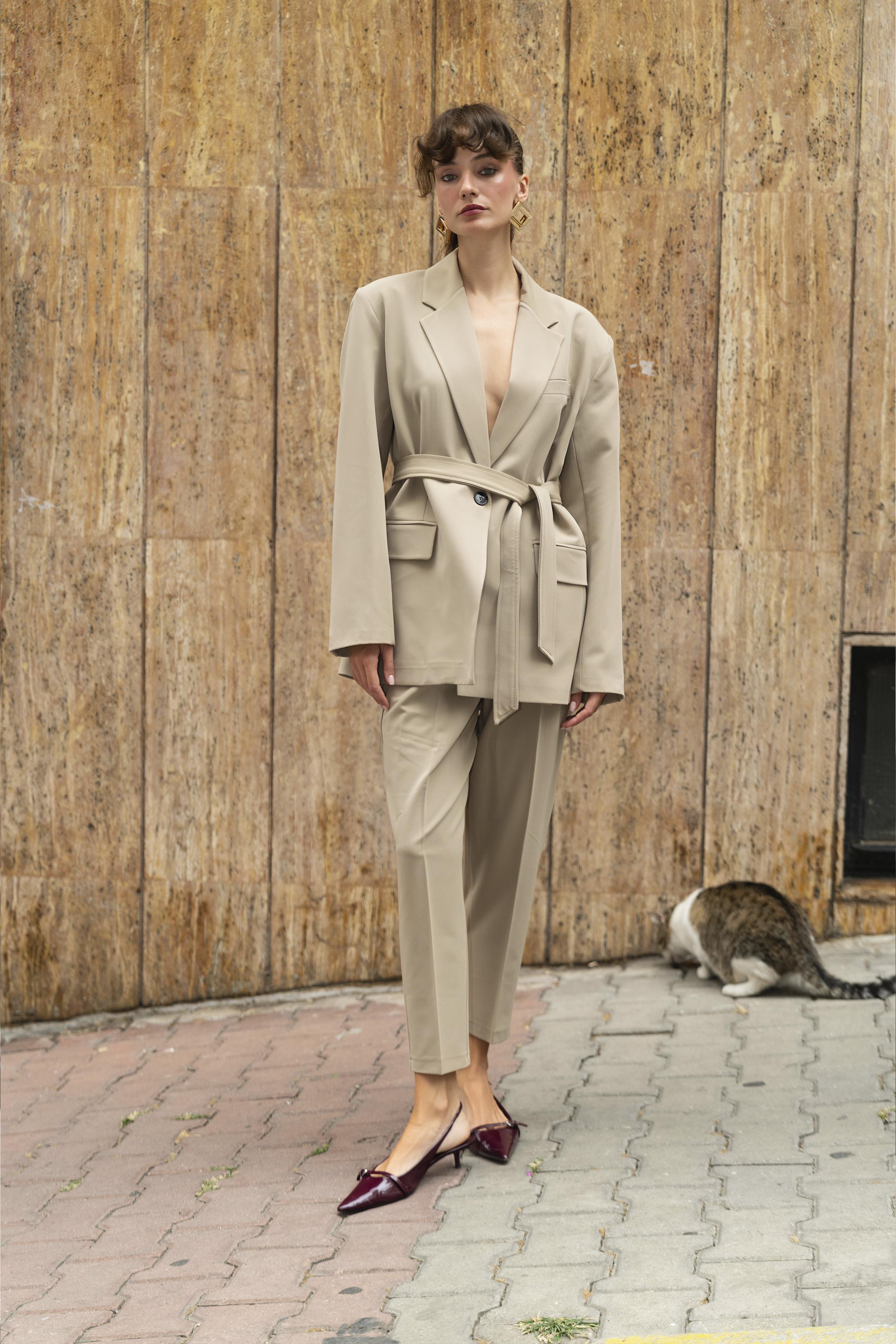 9597 CEKET KEMERLİ PANTOLON TAKIM CAMEL