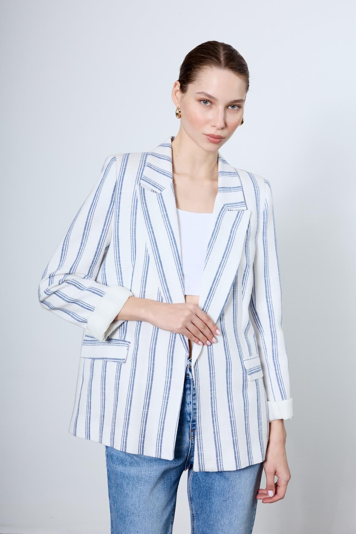 9424 ÇİZGİLİ KETEN CEKET (9134) BEYAZ-SAX