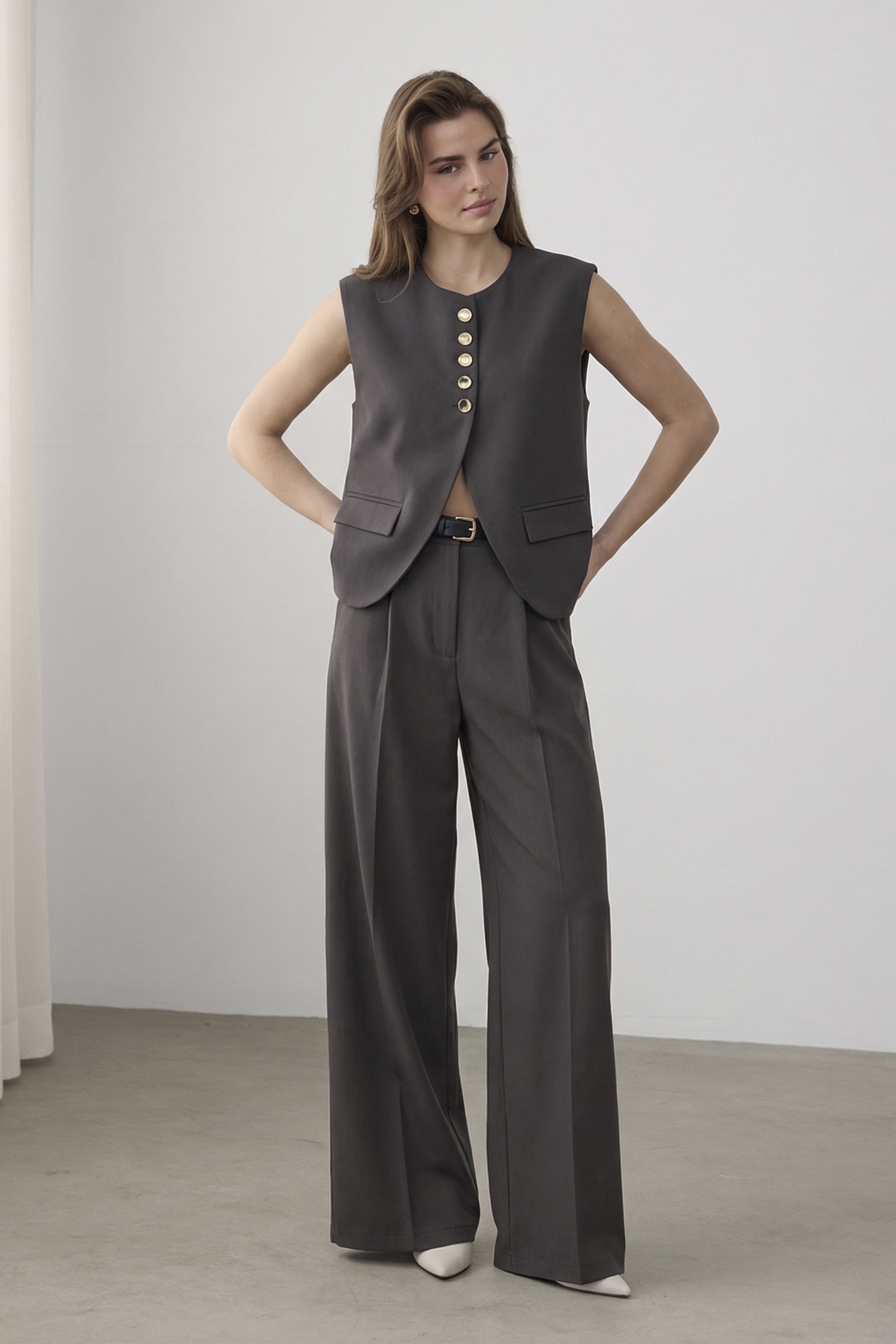 9716 KEMERLİ YELEK PANTOLON TAKIM (9595) KOYU KAHVE