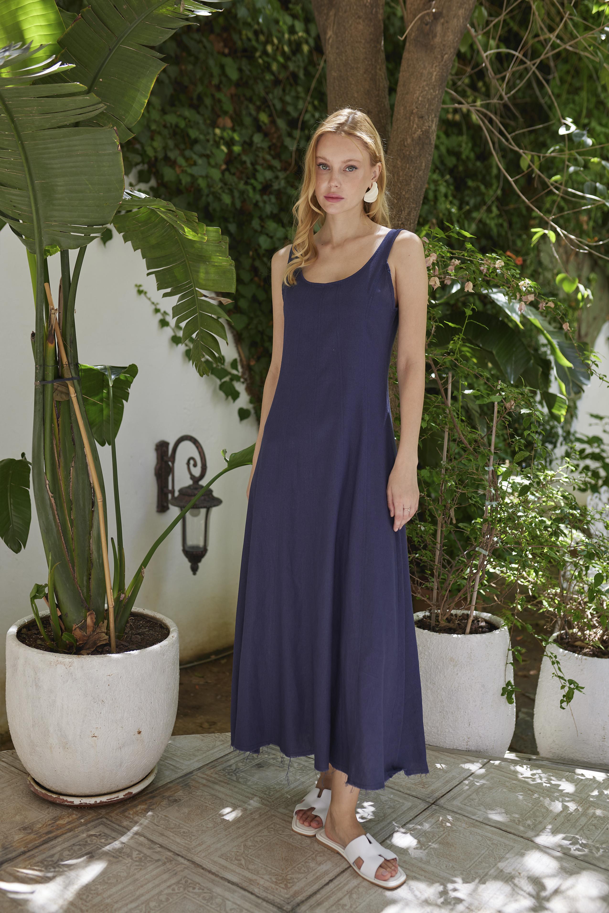 3325 ASKILI KETEN ELBİSE LACİVERT