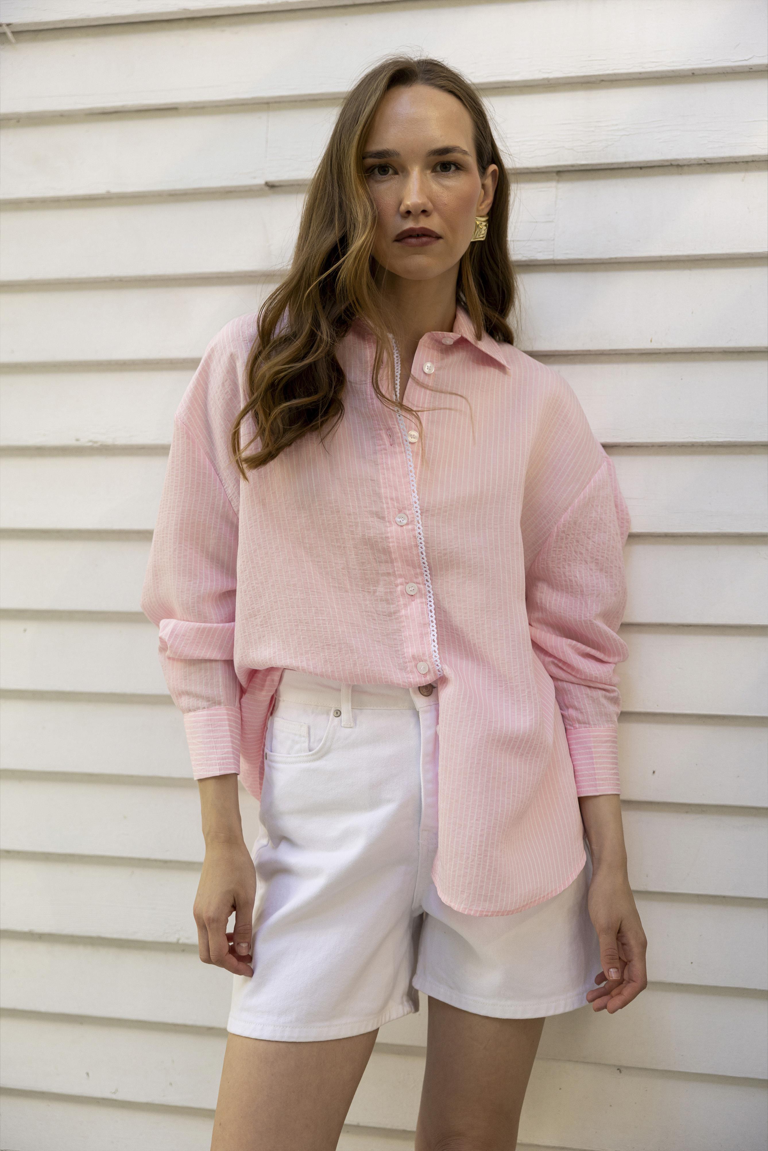 4958 DANTELLİ ÇİZGİLİ GÖMLEK PEMBE-BEYAZ