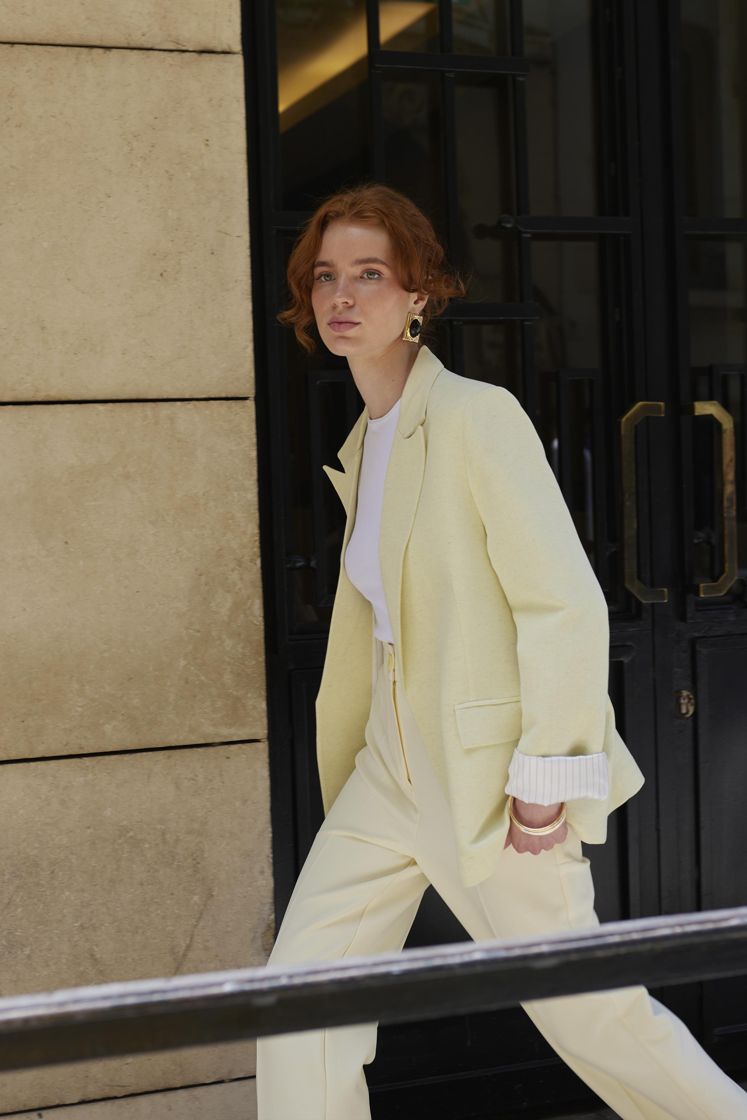 9158 ÇİZGİLİ ASTARLI KETEN CEKET SARI