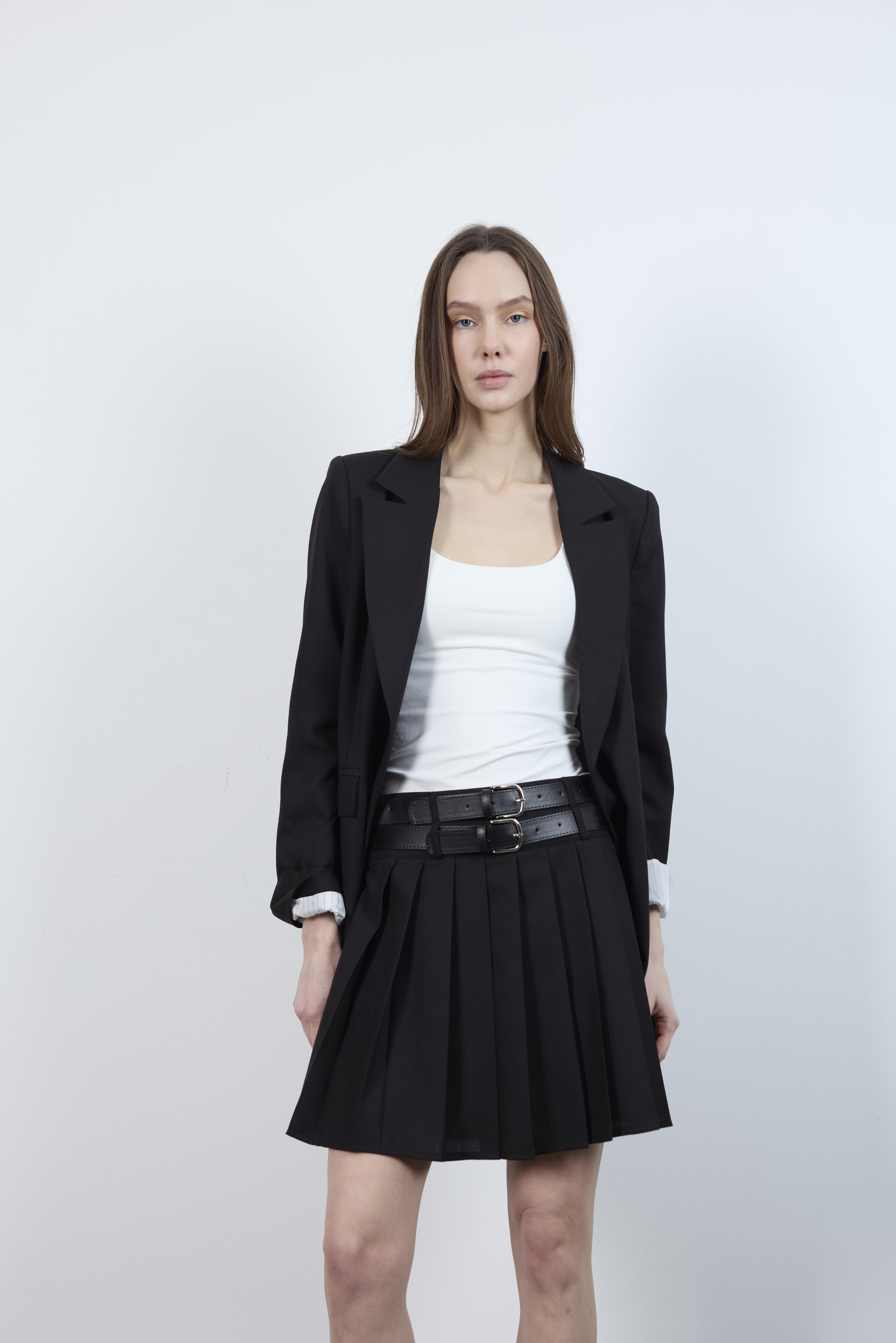 3239 PİLİLİ ÇİFT KEMERLİ ETEK SİYAH