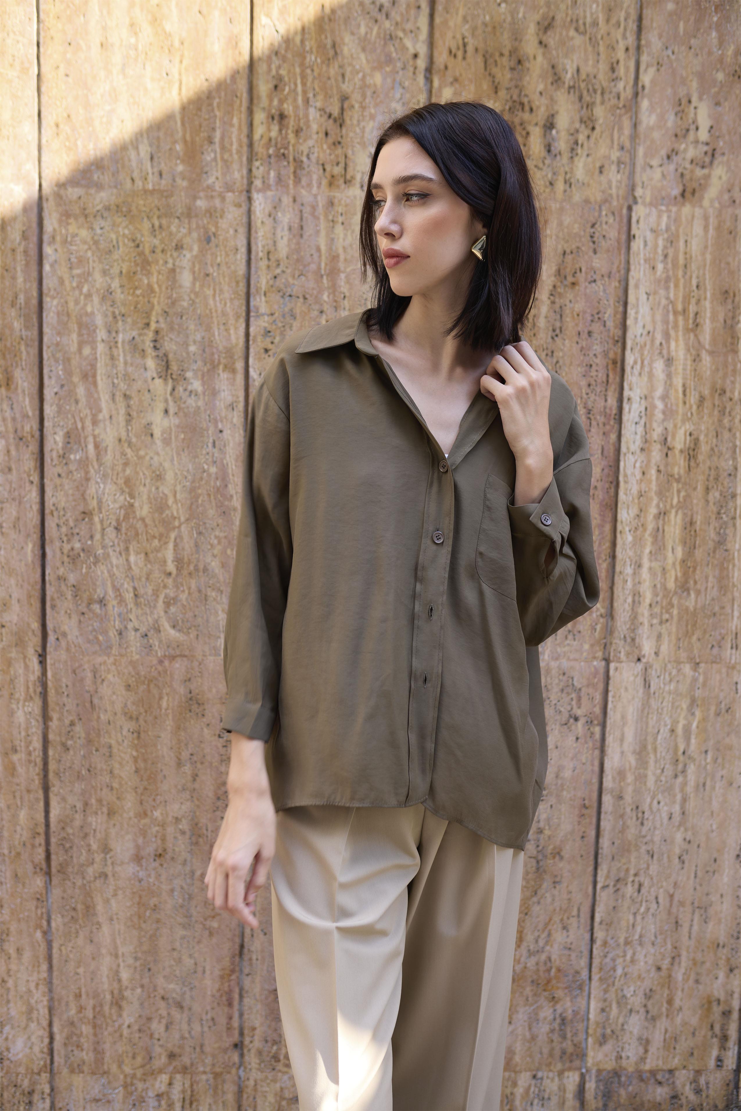 4612 DÜŞÜK OMUZLU OVERSİZE GÖMLEK VİNTAGE HAKİ