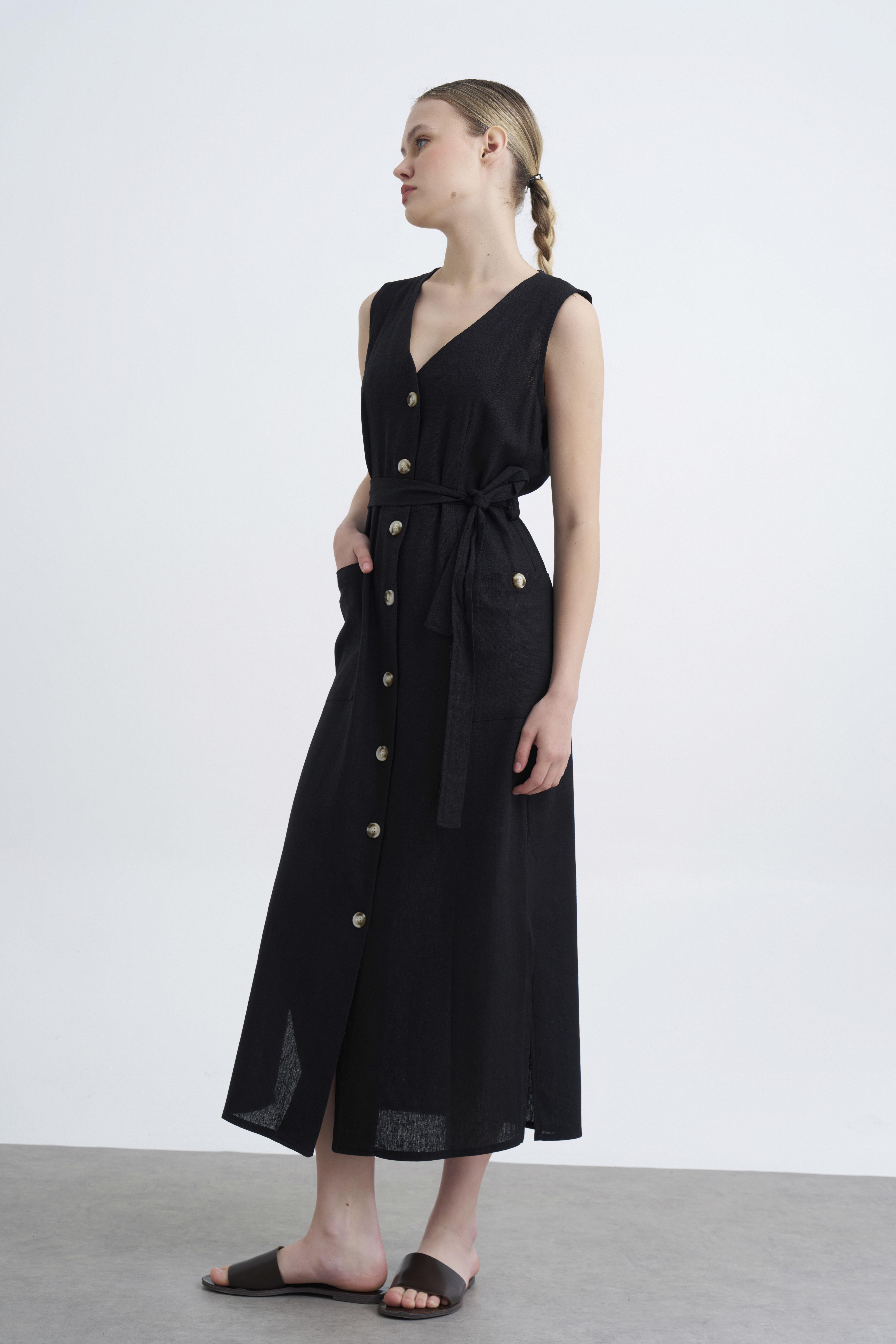 3171 KETEN DÜĞMELİ ELBİSE SİYAH