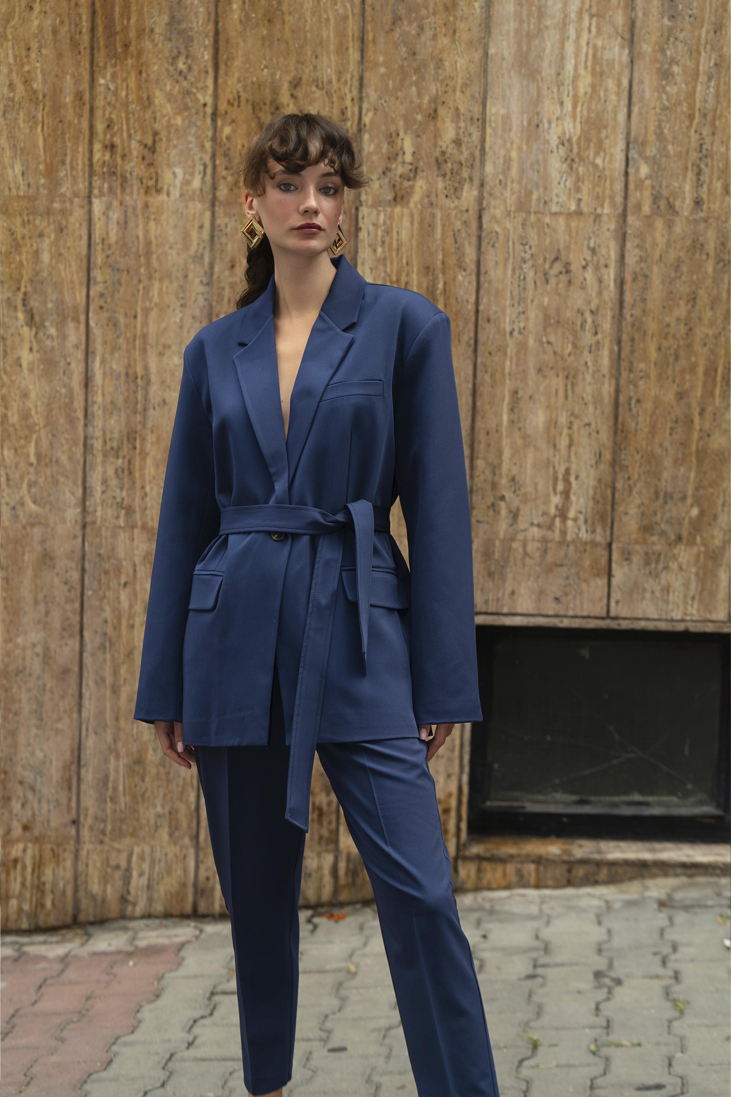 9597 CEKET KEMERLİ PANTOLON TAKIM LACİVERT