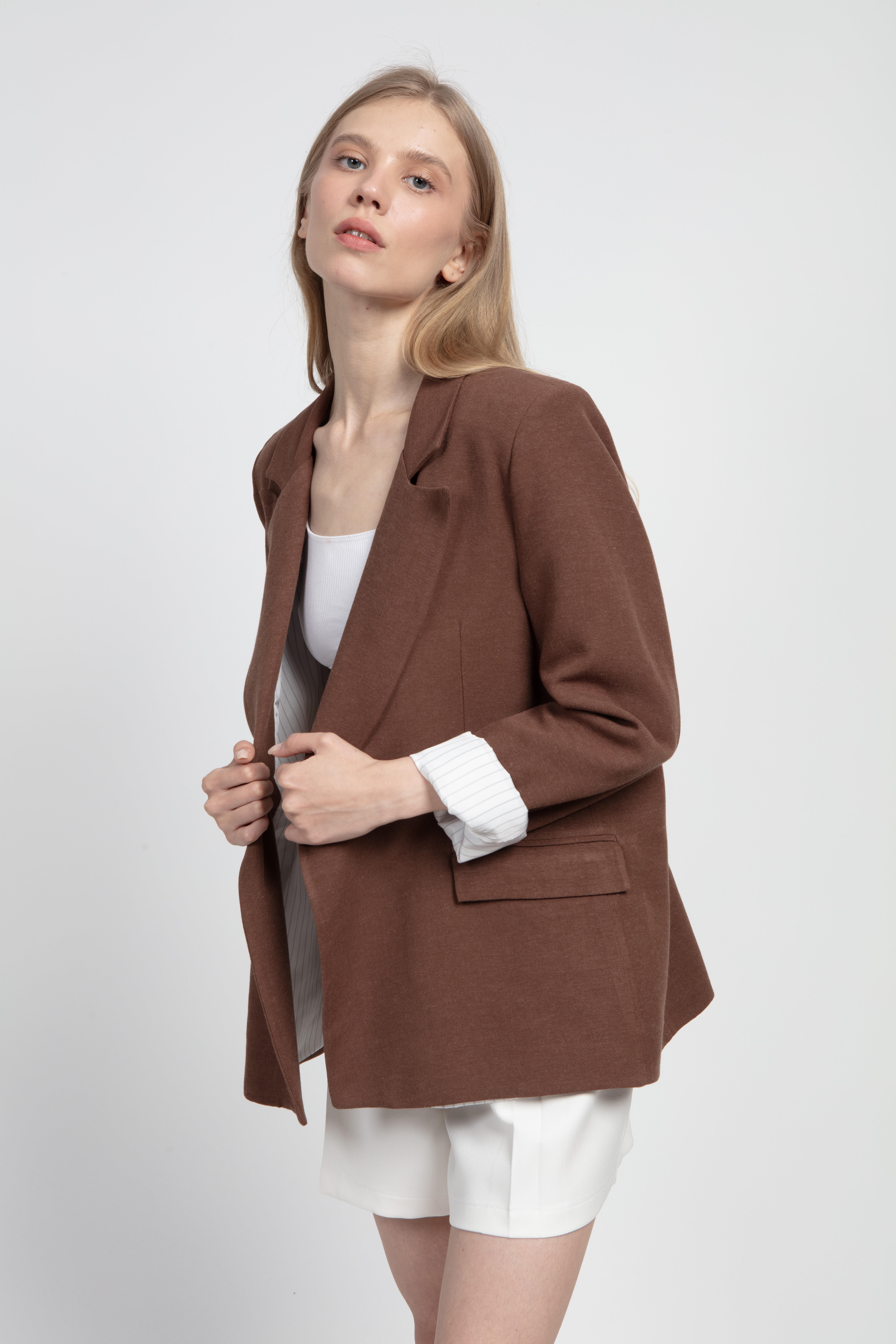 9158 ÇİZGİLİ ASTARLI KETEN CEKET KAHVE