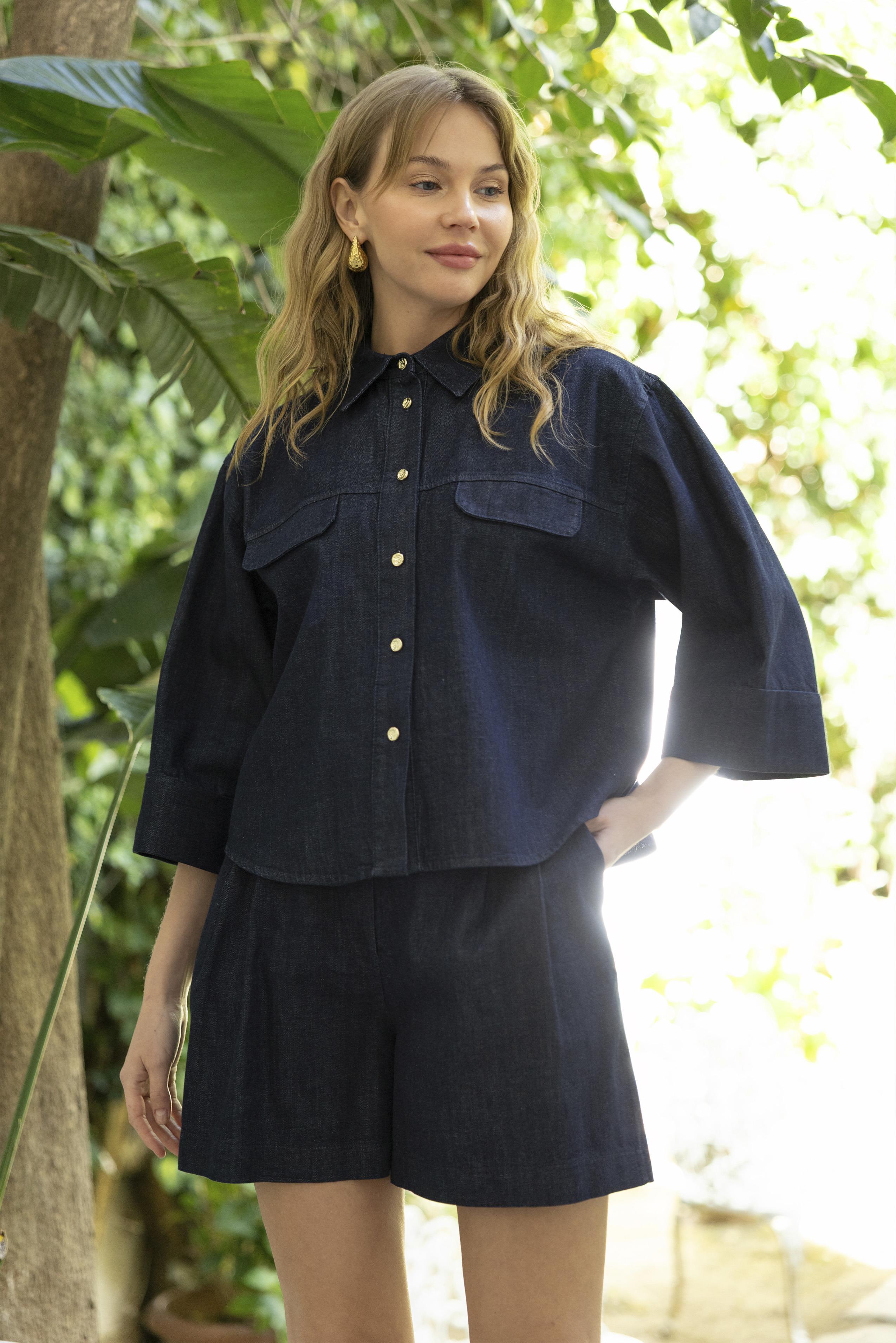 0092 DENİM GÖMLEK ŞORT TAKIM LACİVERT