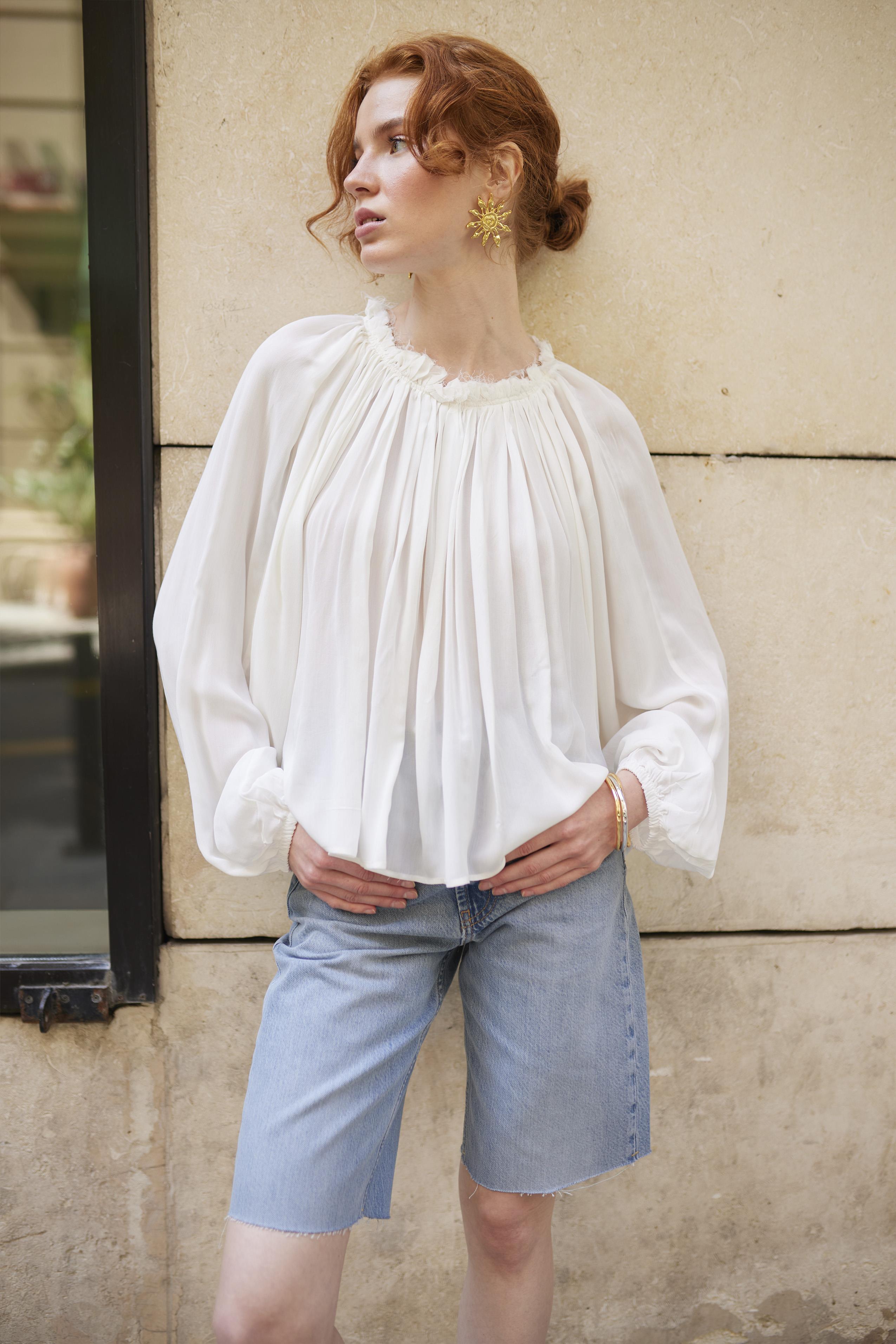 4959 YAKASI BÜZGÜLÜ BLUZ BEYAZ