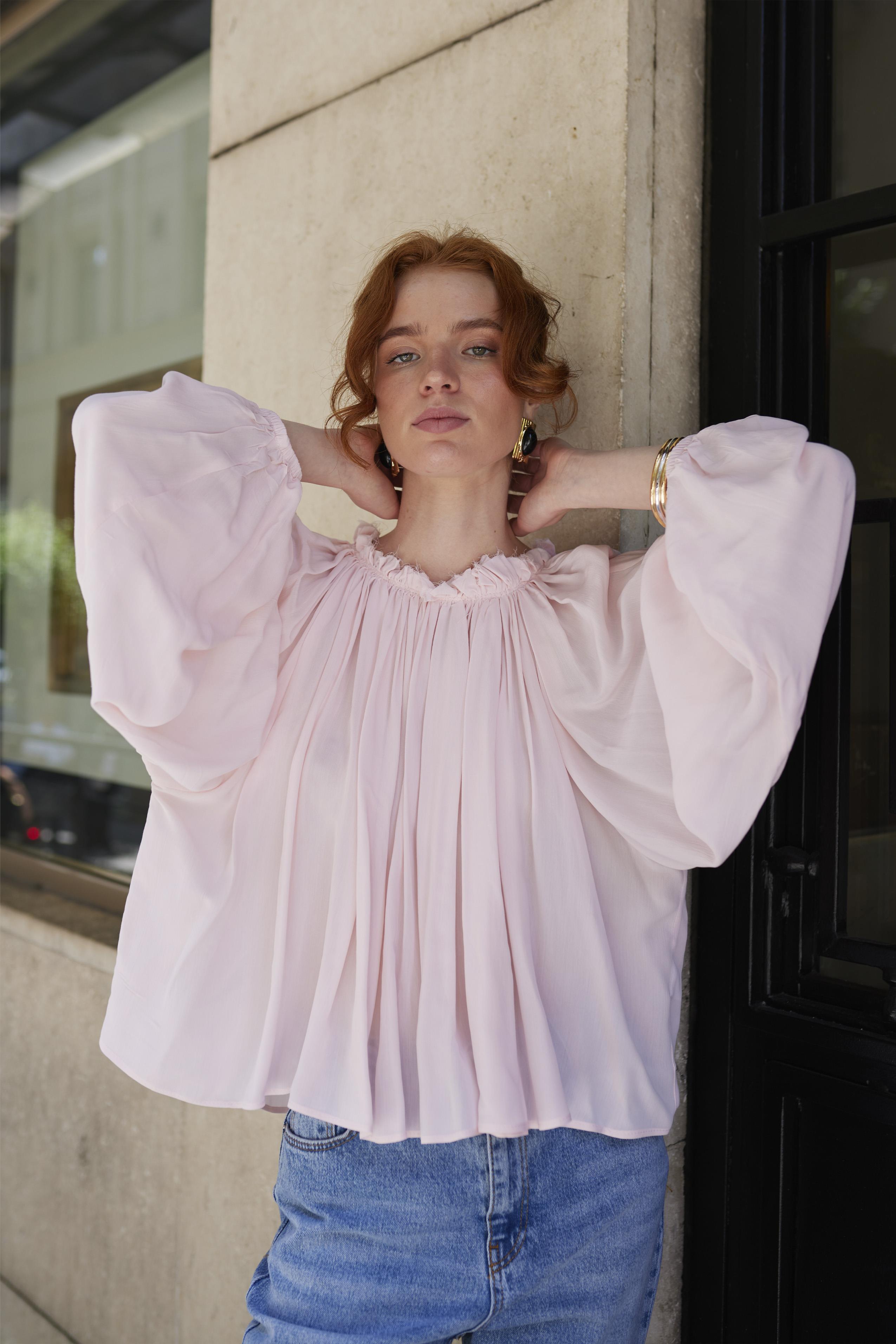 4959 YAKASI BÜZGÜLÜ BLUZ ŞEKER PEMBE