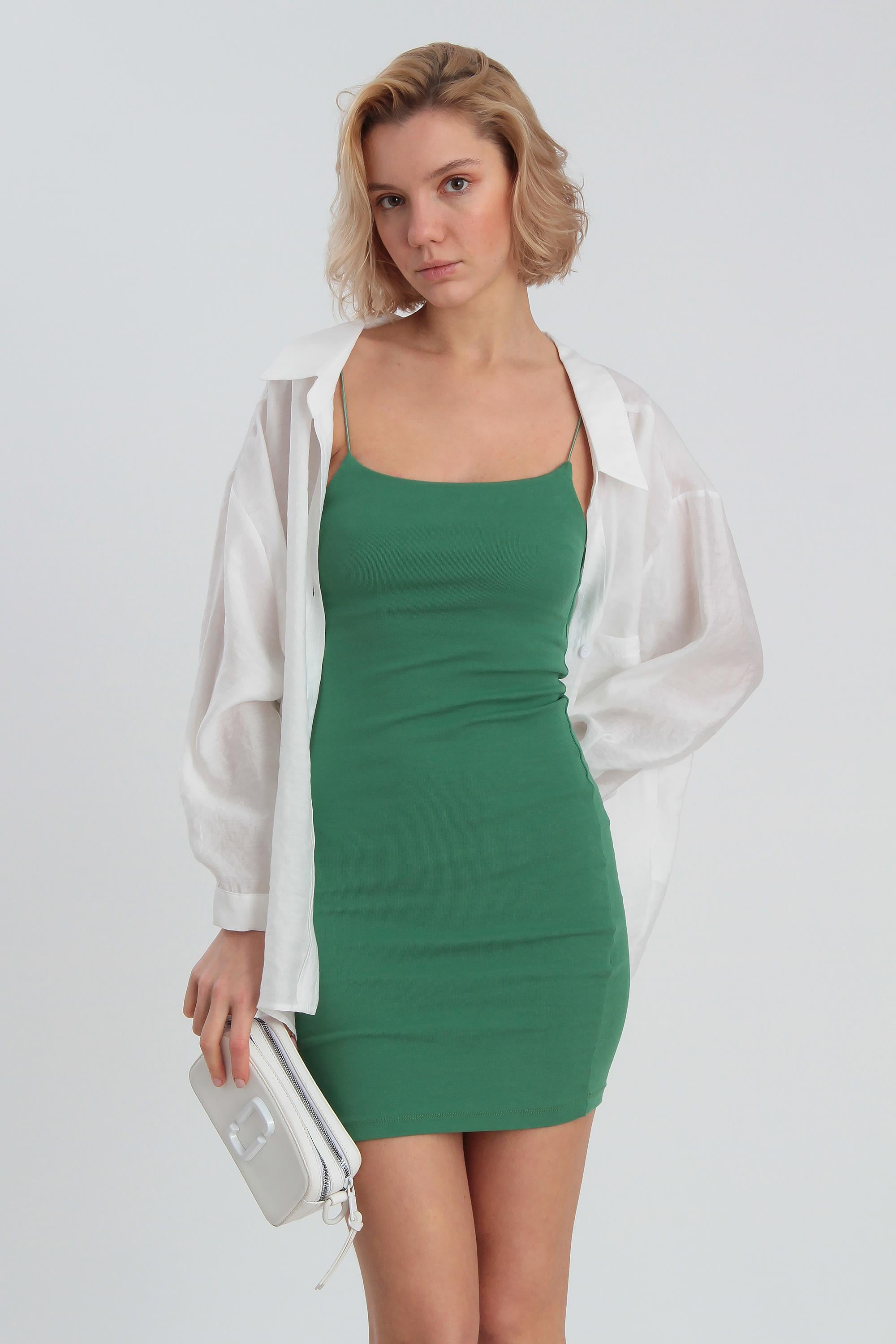 0045 İP ASKILI PAMUK ELBİSE YEŞİL