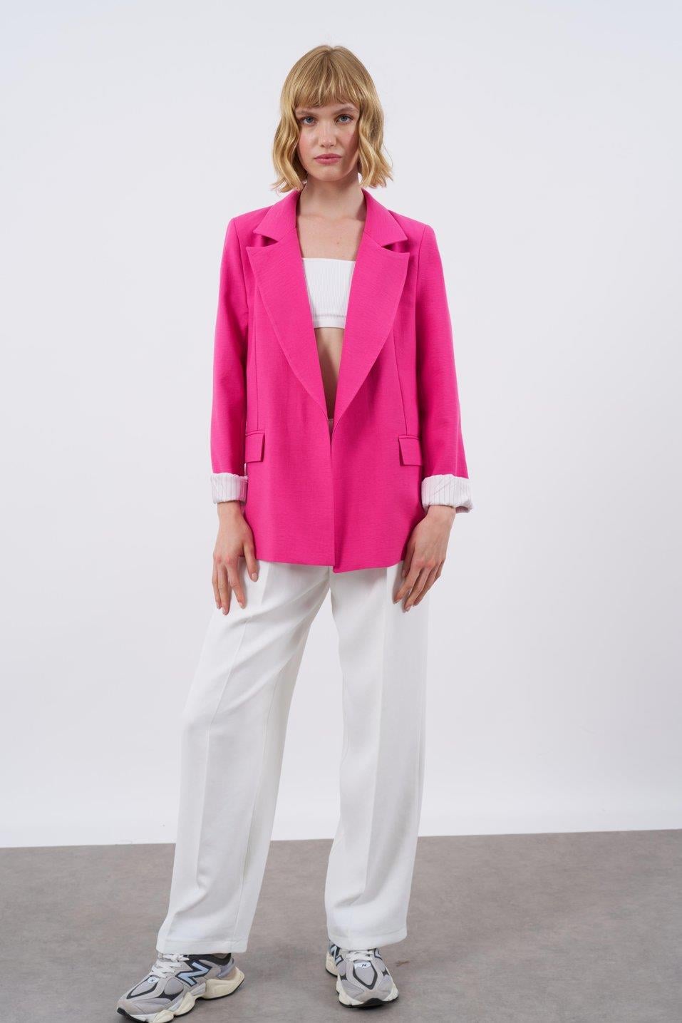 9158 ÇİZGİLİ ASTARLI KETEN CEKET FUŞYA