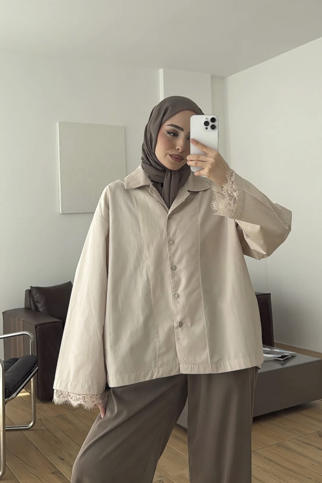 5064 DANTELLİ OVERSIZE GÖMLEK (4952) TAŞ
