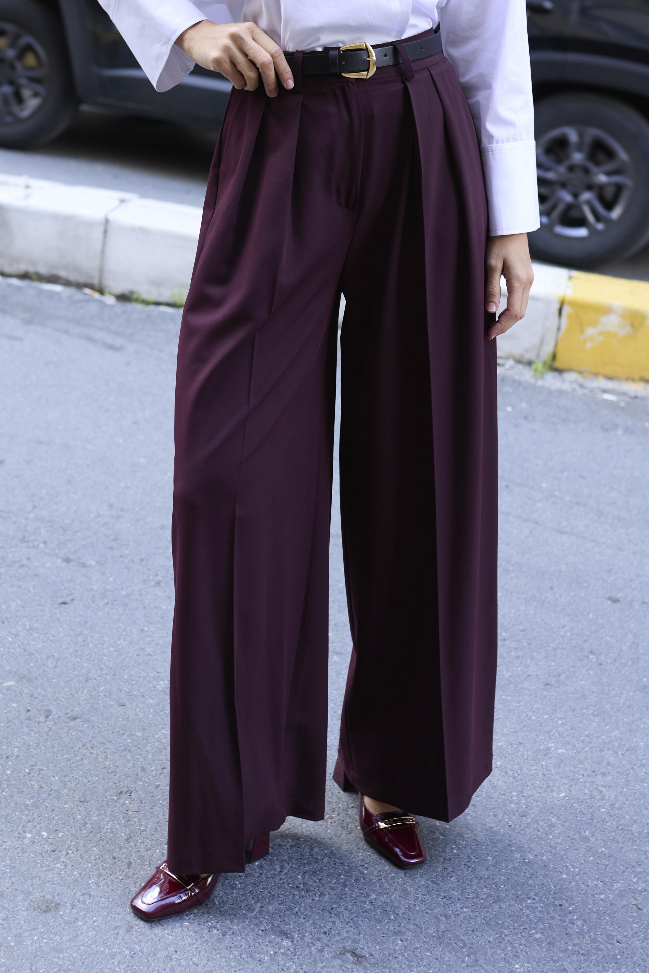 51070 PİLİLİ PALAZZO KEMERLİ PANTOLON MÜRDÜM