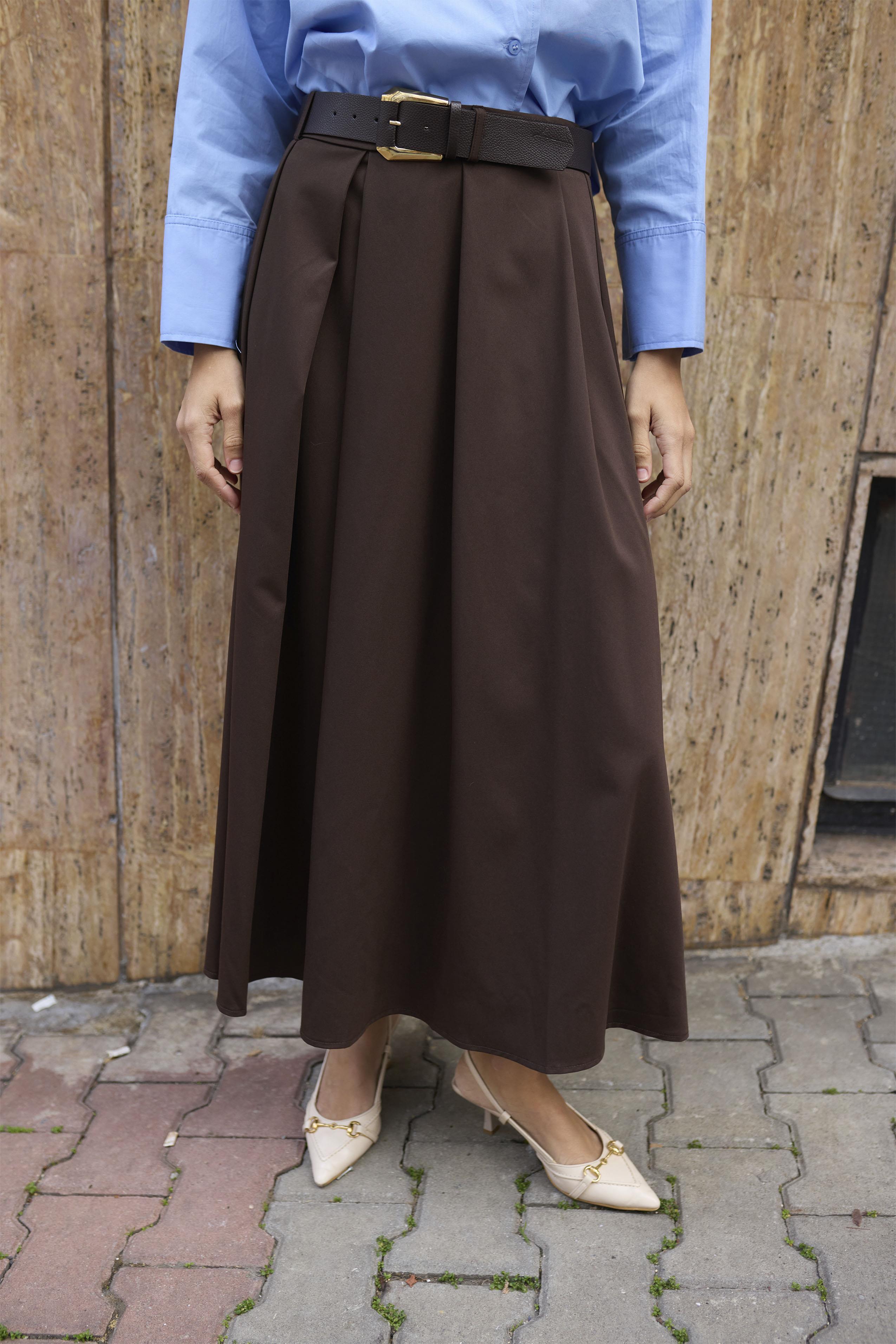 3360 POLİVİSKON KEMERLİ ETEK KOYU KAHVE