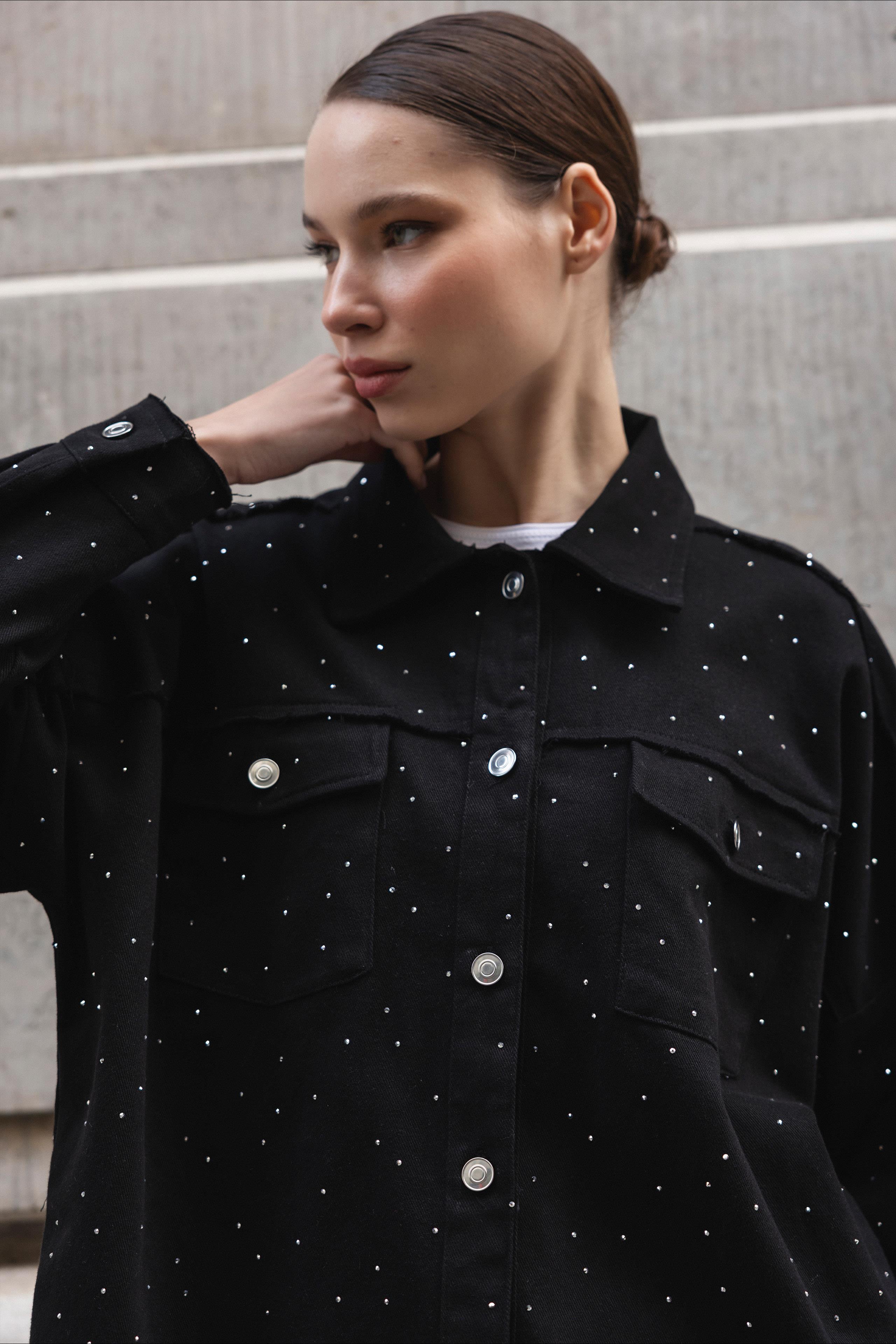 9566 GABARDİN TAŞLI CEKET SİYAH