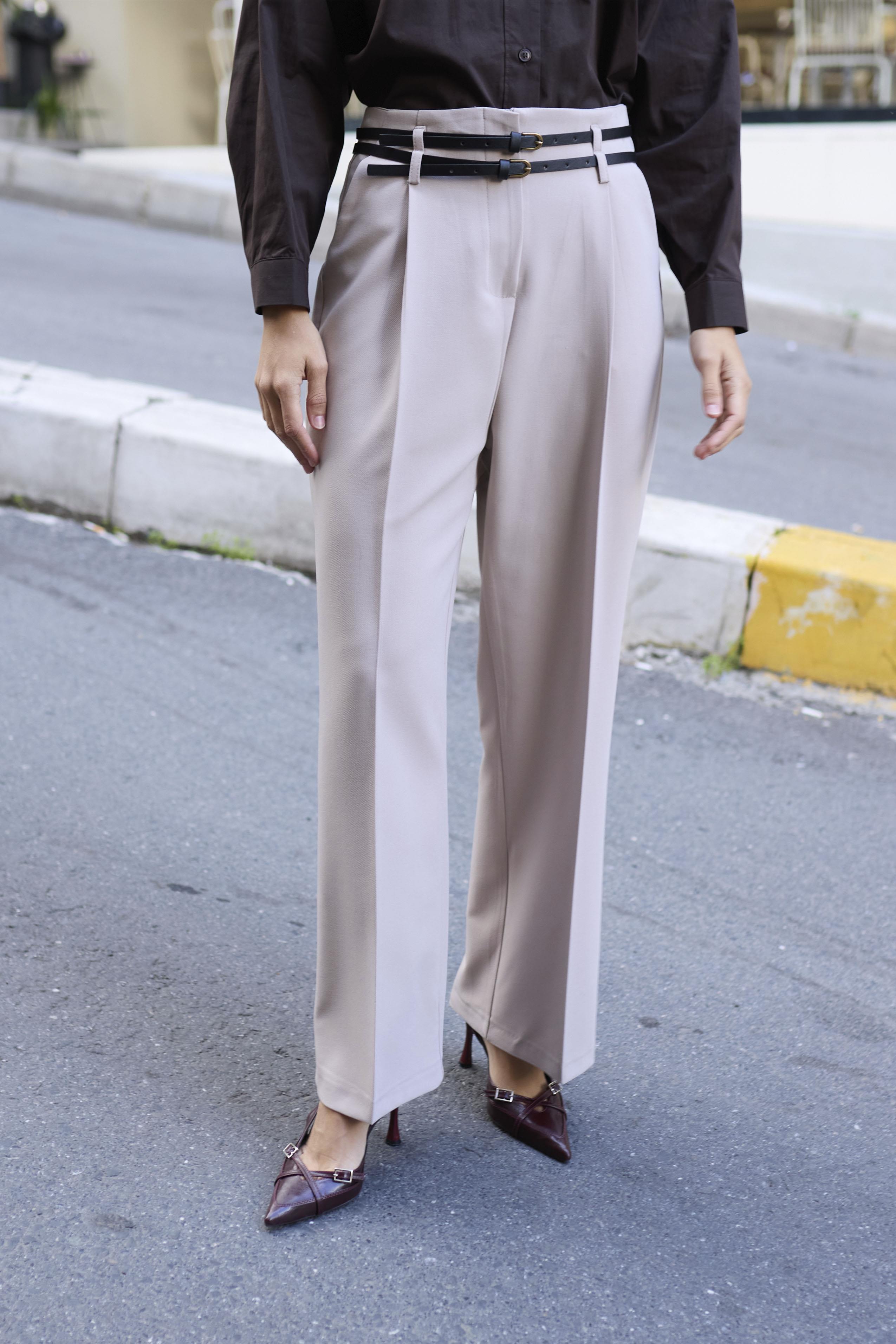 51245 ÇİFT KÖPRÜLÜ PİLELİ PANTOLON TAŞ