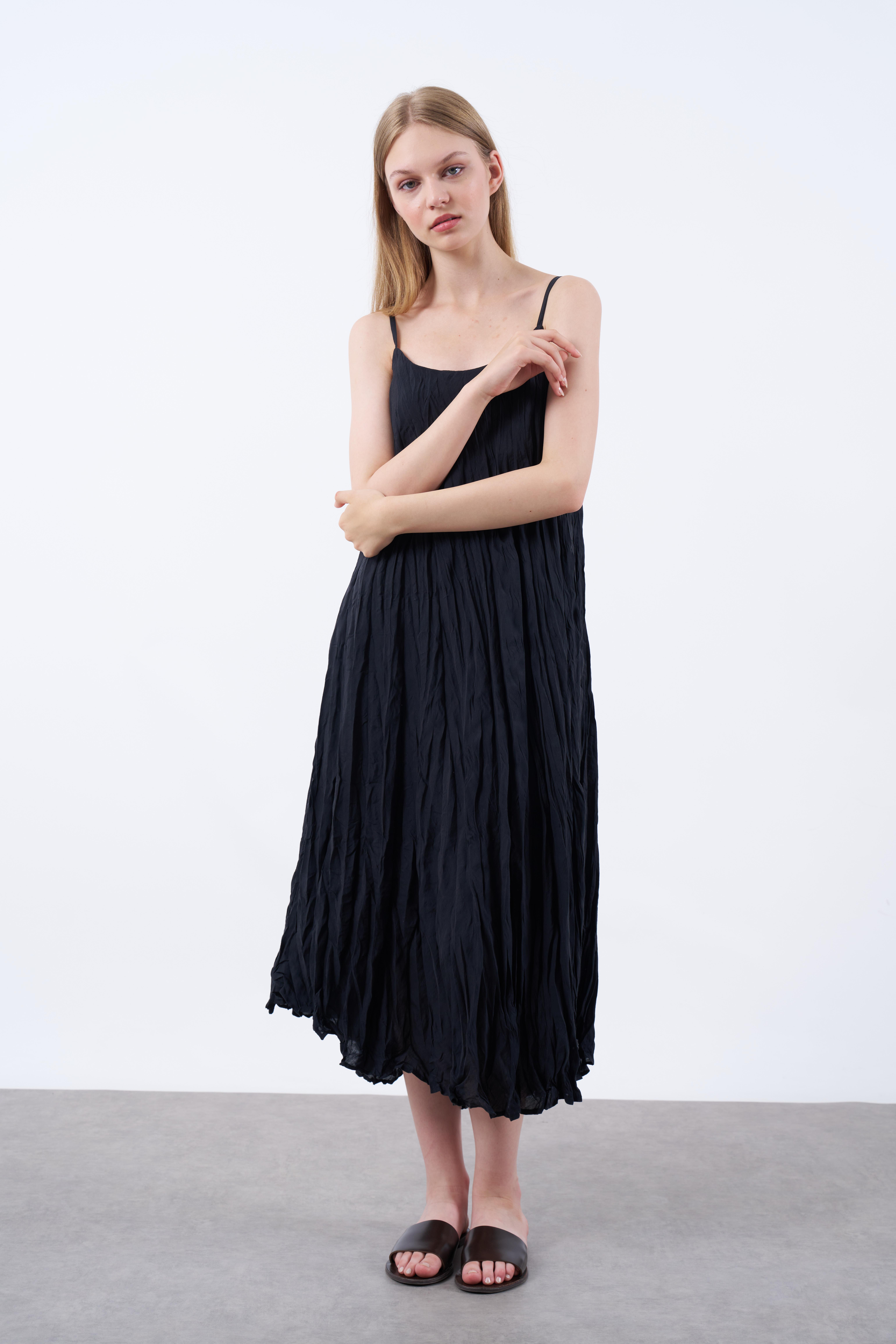 3208 KIRIŞIK ASKILI ELBİSE SİYAH