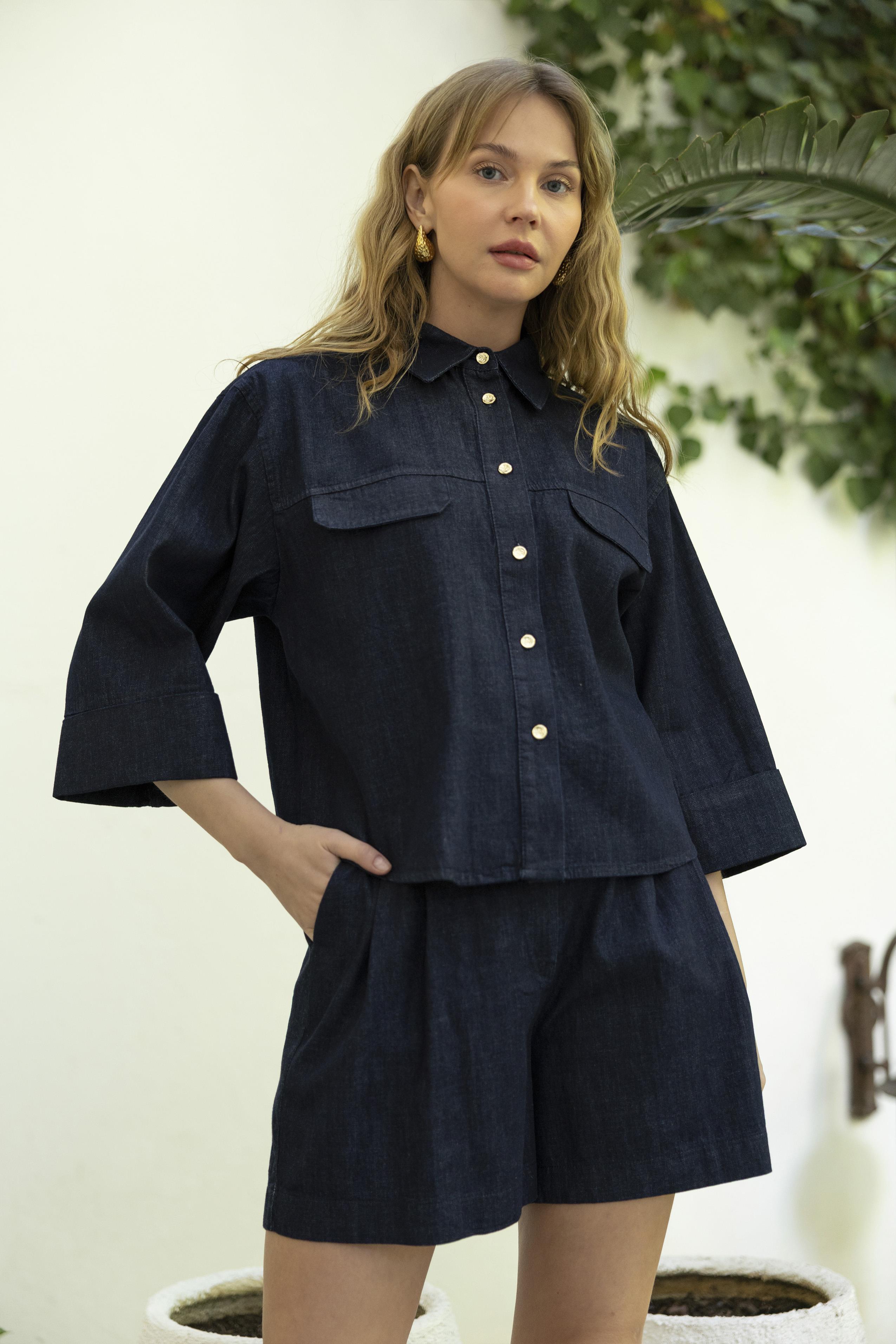 0092 DENİM GÖMLEK ŞORT TAKIM LACİVERT