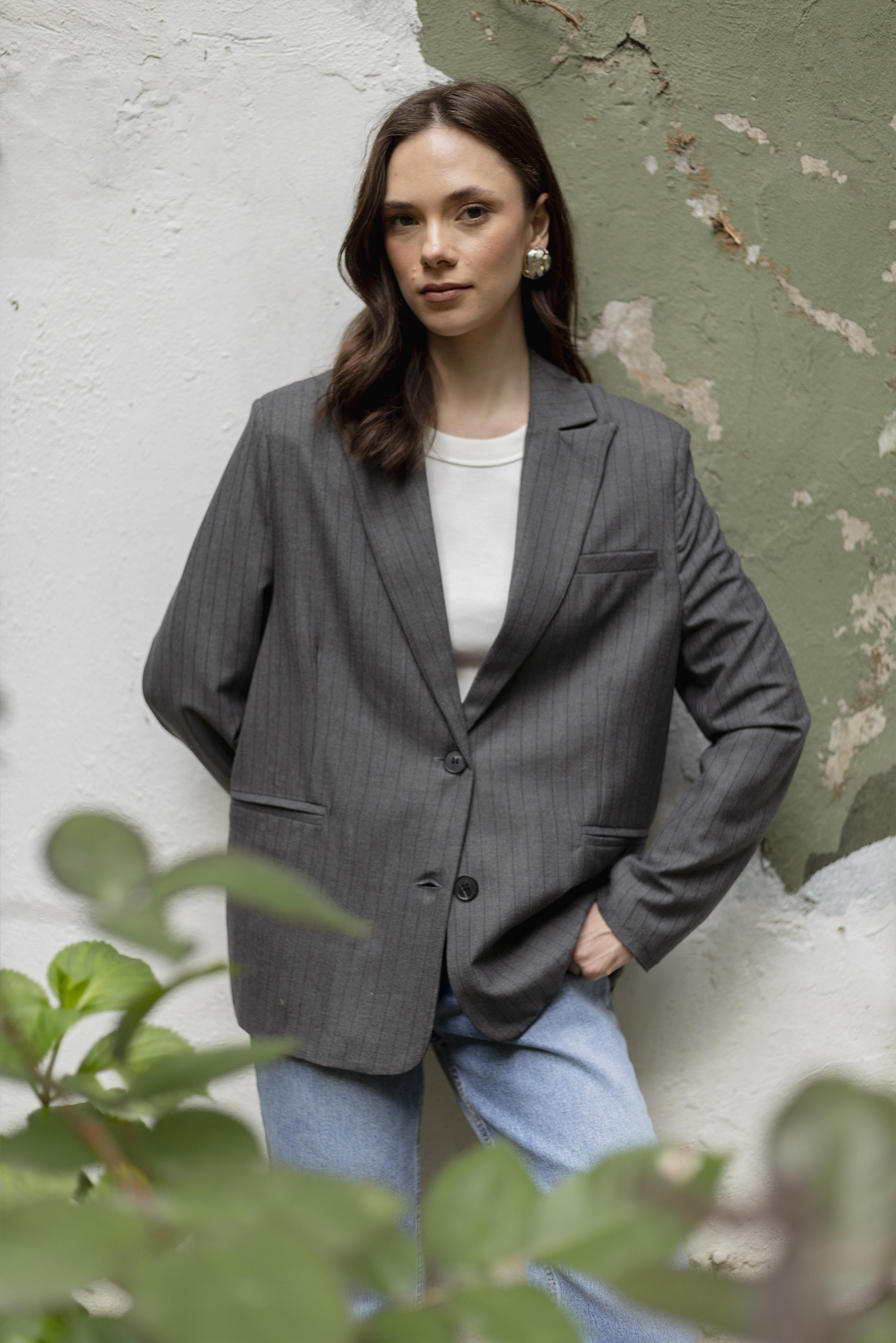 9558 ÇİZGİLİ POLİVİSKON CEKET ANTRASİT-KAHVE