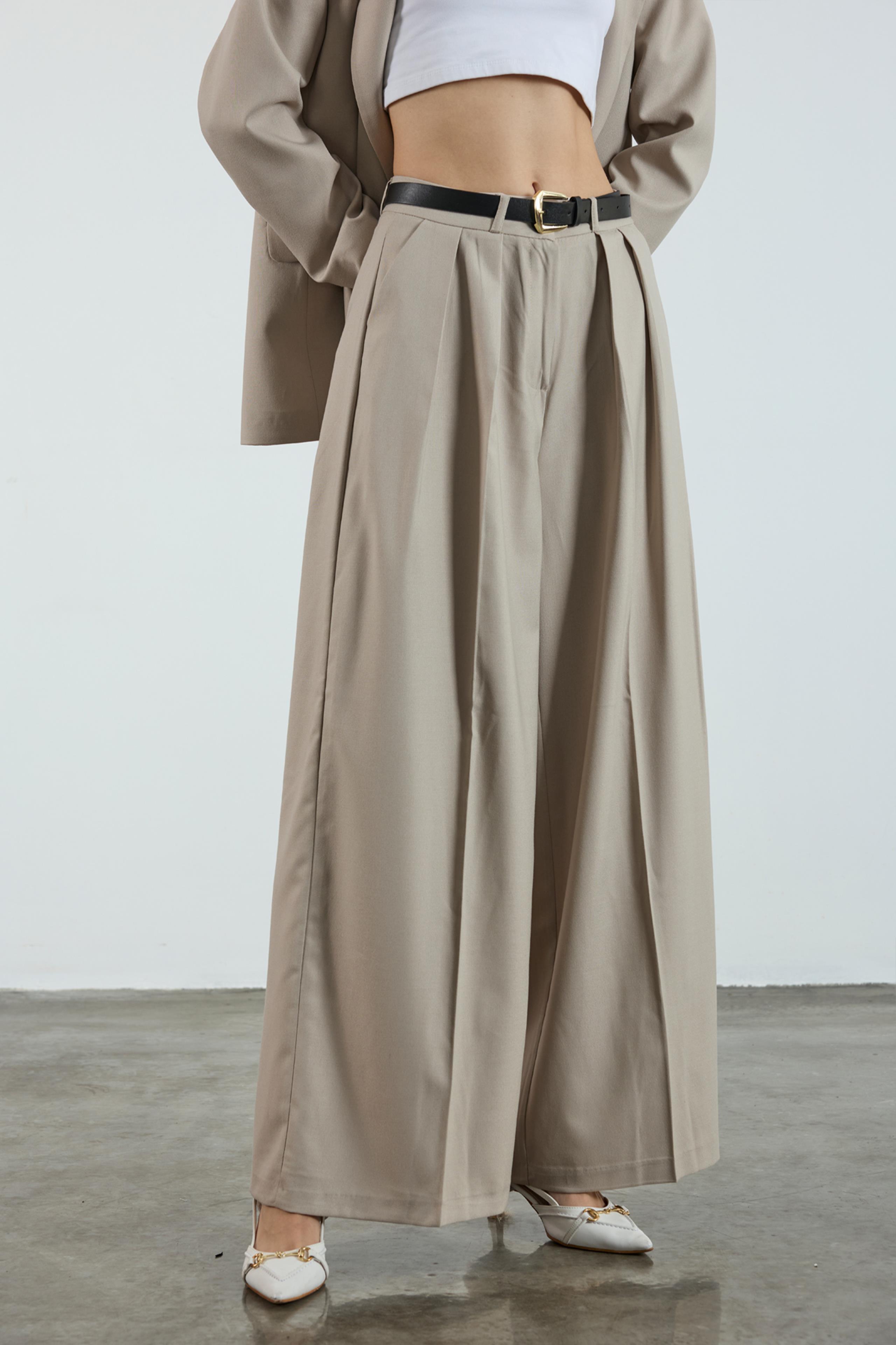 51070 PİLİLİ PALAZZO KEMERLİ PANTOLON TAŞ