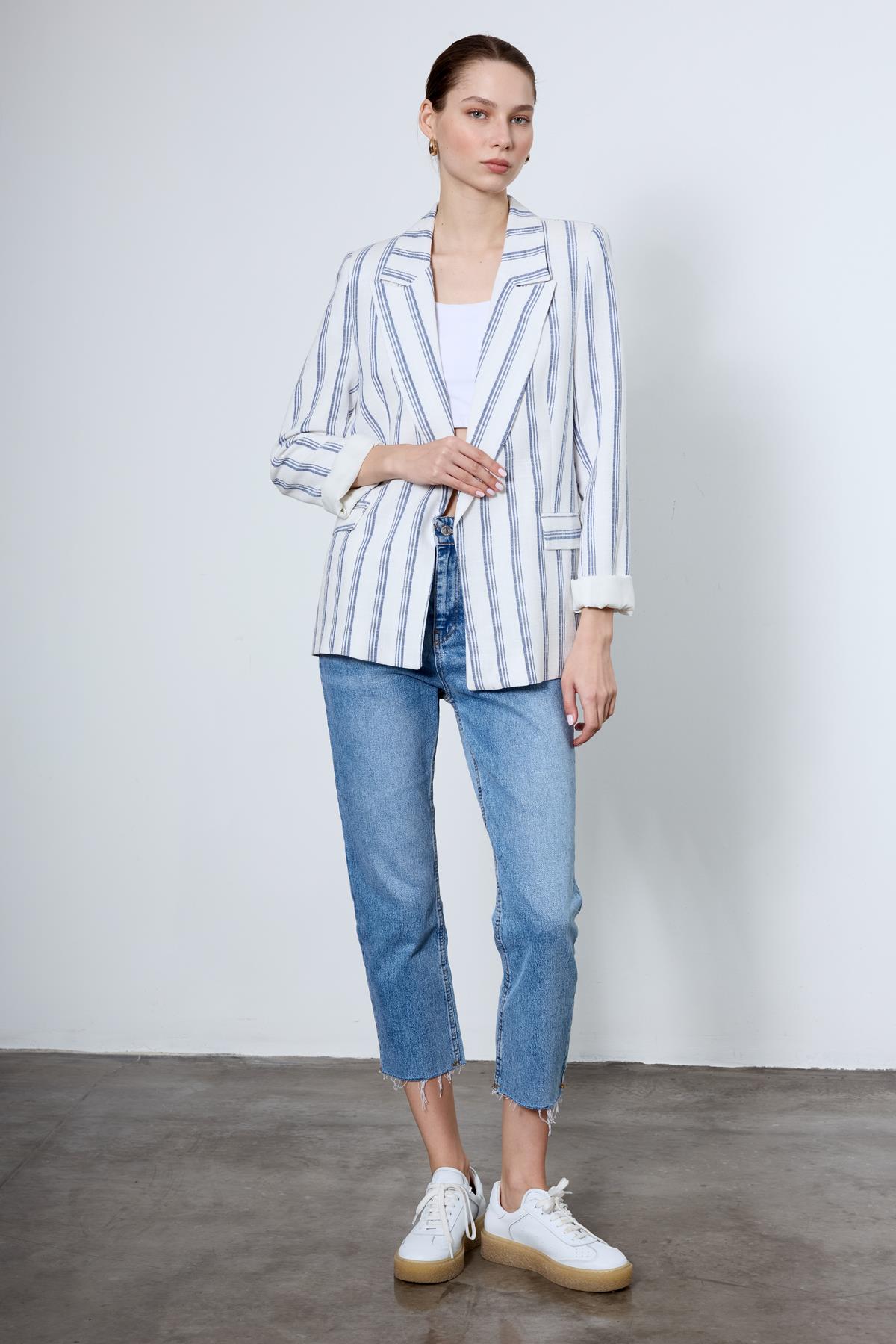 9424 ÇİZGİLİ KETEN CEKET (9134) BEYAZ-SAX