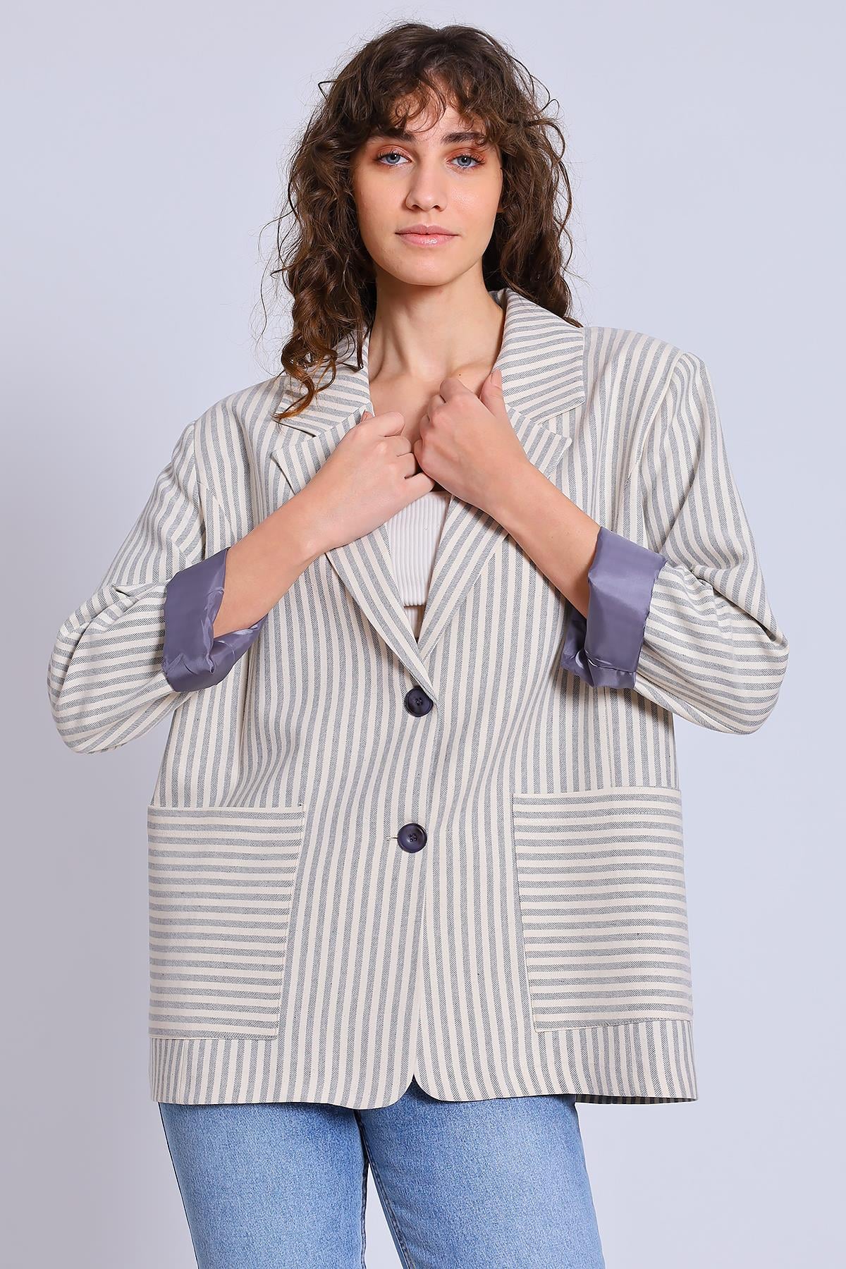 9421 ÇİZGİLİ KETEN CEKET TAŞ-GRİ