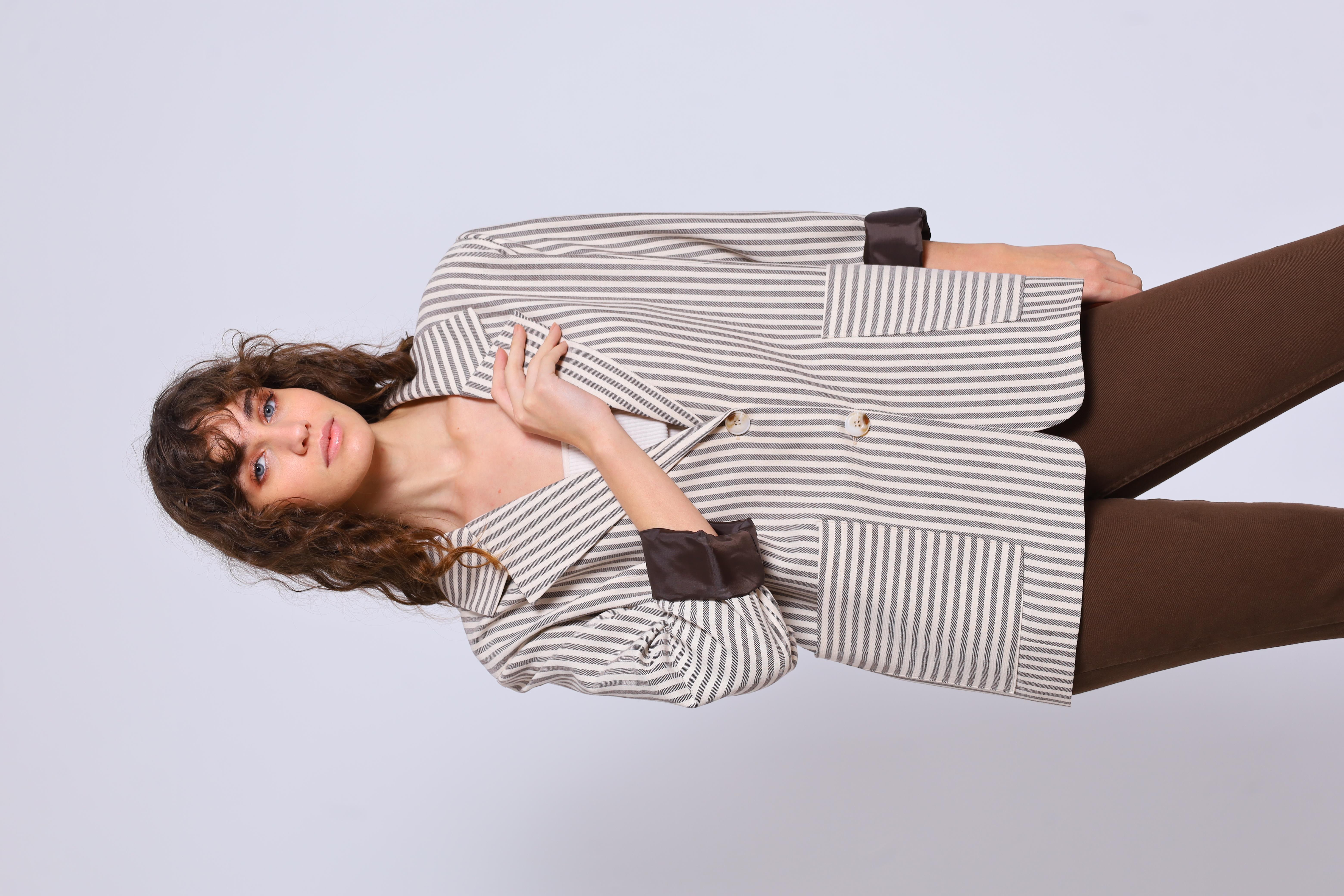 9421 ÇİZGİLİ KETEN CEKET TAŞ-KAHVE