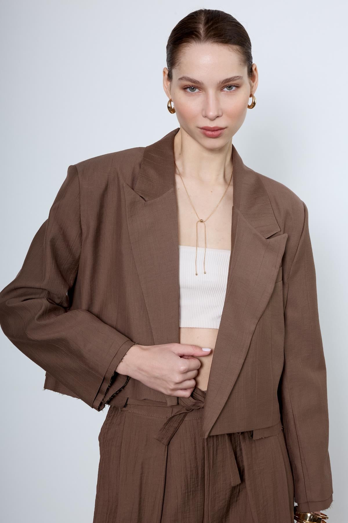 9557 CROP CEKET PANTOLON TAKIM KOYU KAHVE