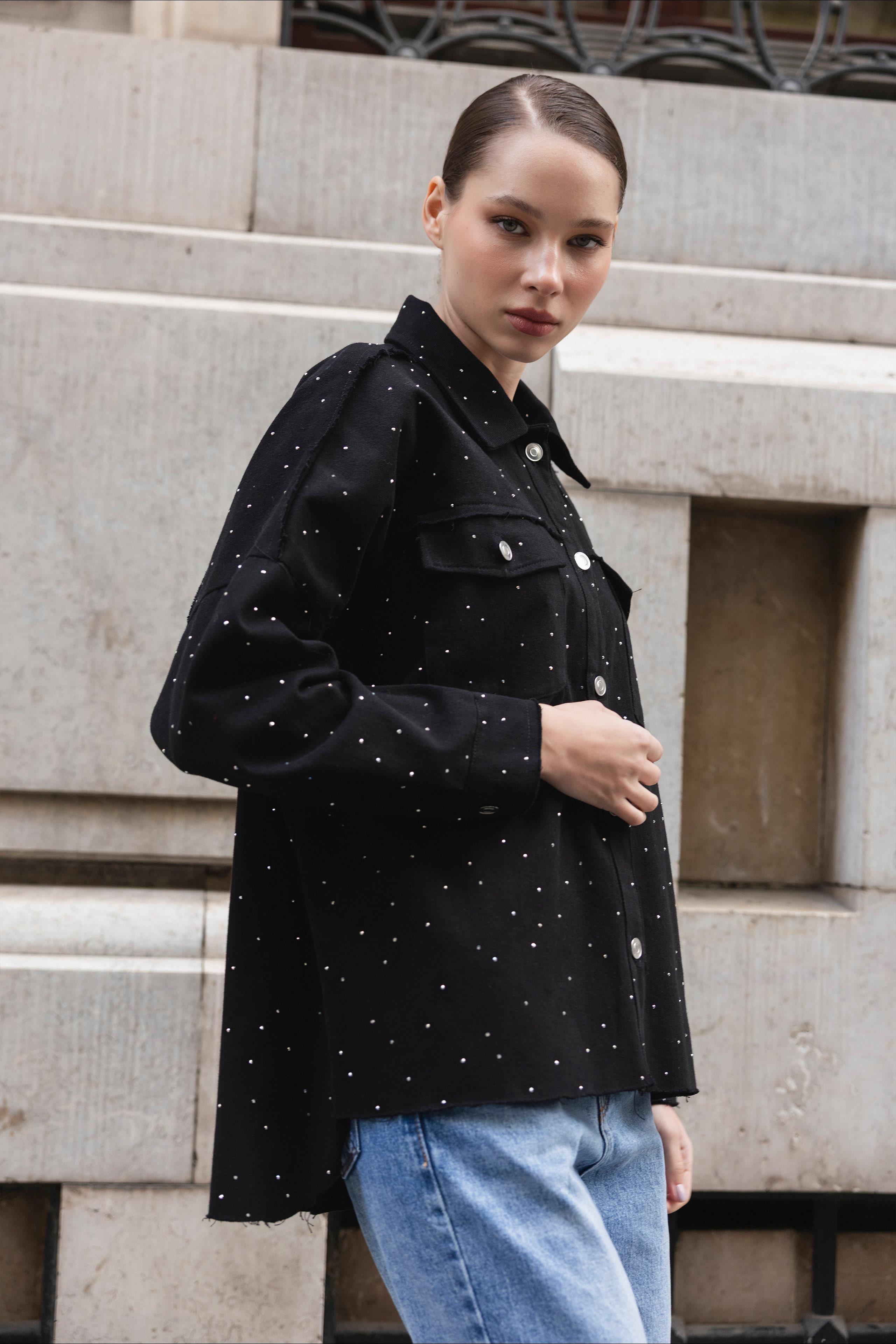 9566 GABARDİN TAŞLI CEKET SİYAH