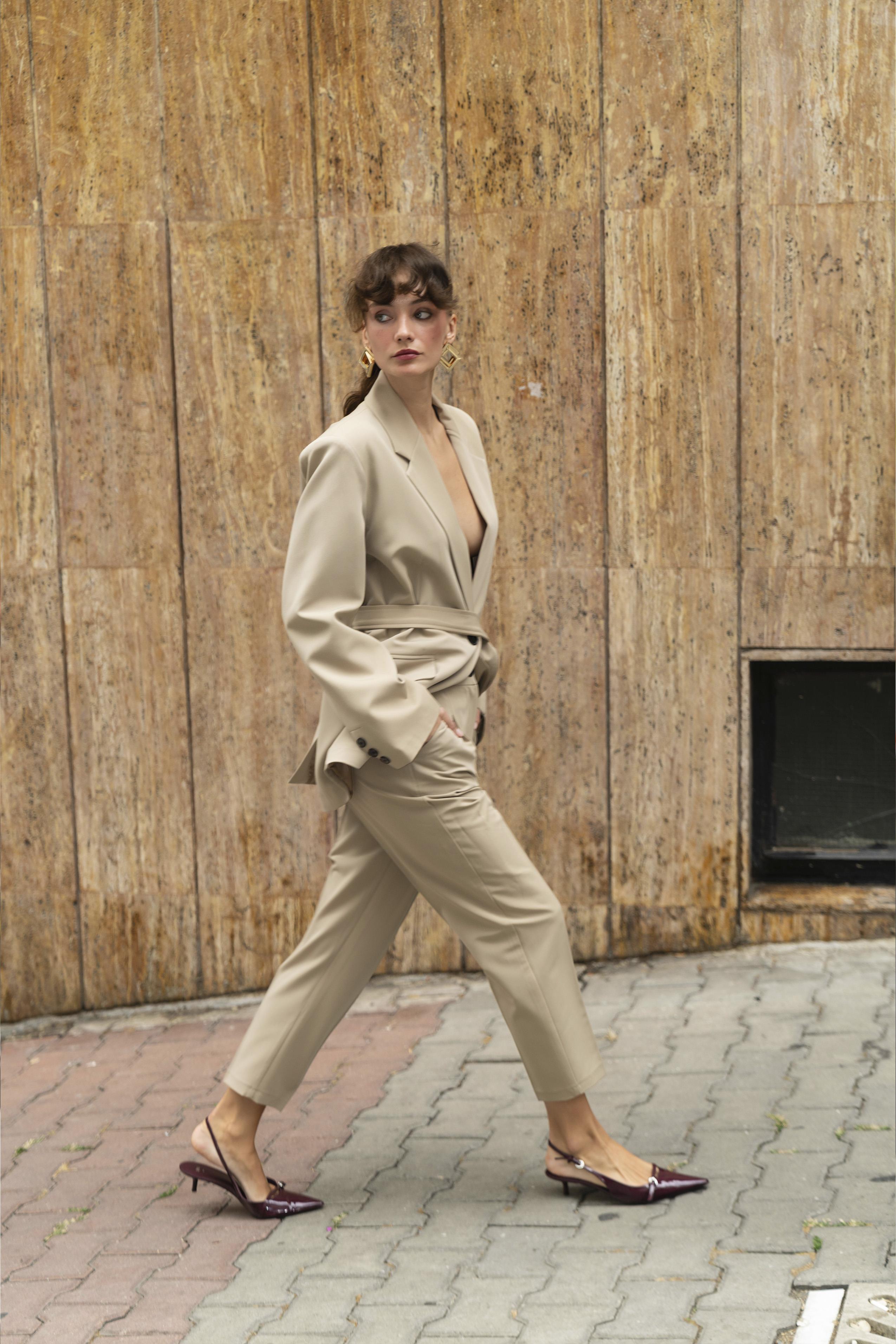 9597 CEKET KEMERLİ PANTOLON TAKIM CAMEL