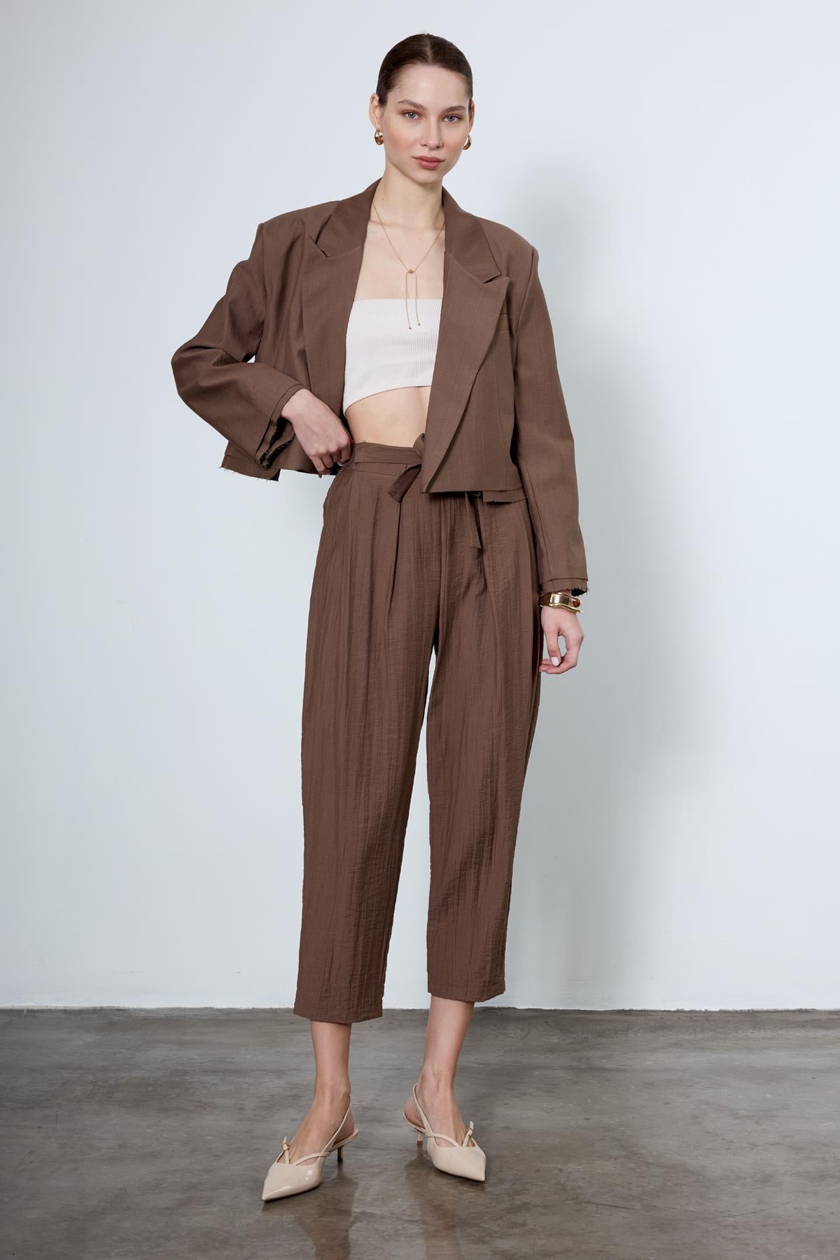 9557 CROP CEKET PANTOLON TAKIM KOYU KAHVE