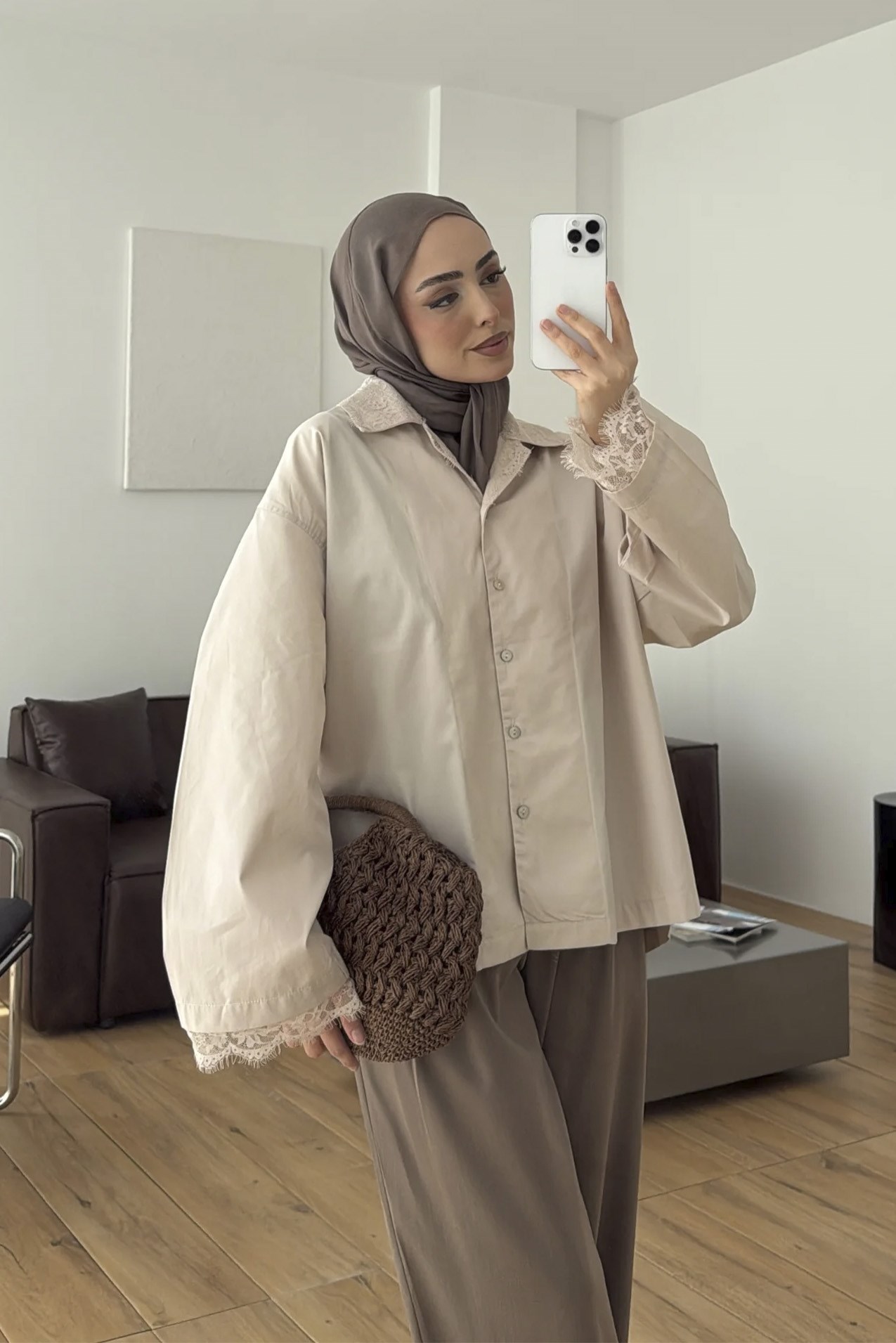 5064 DANTELLİ OVERSIZE GÖMLEK (4952) TAŞ