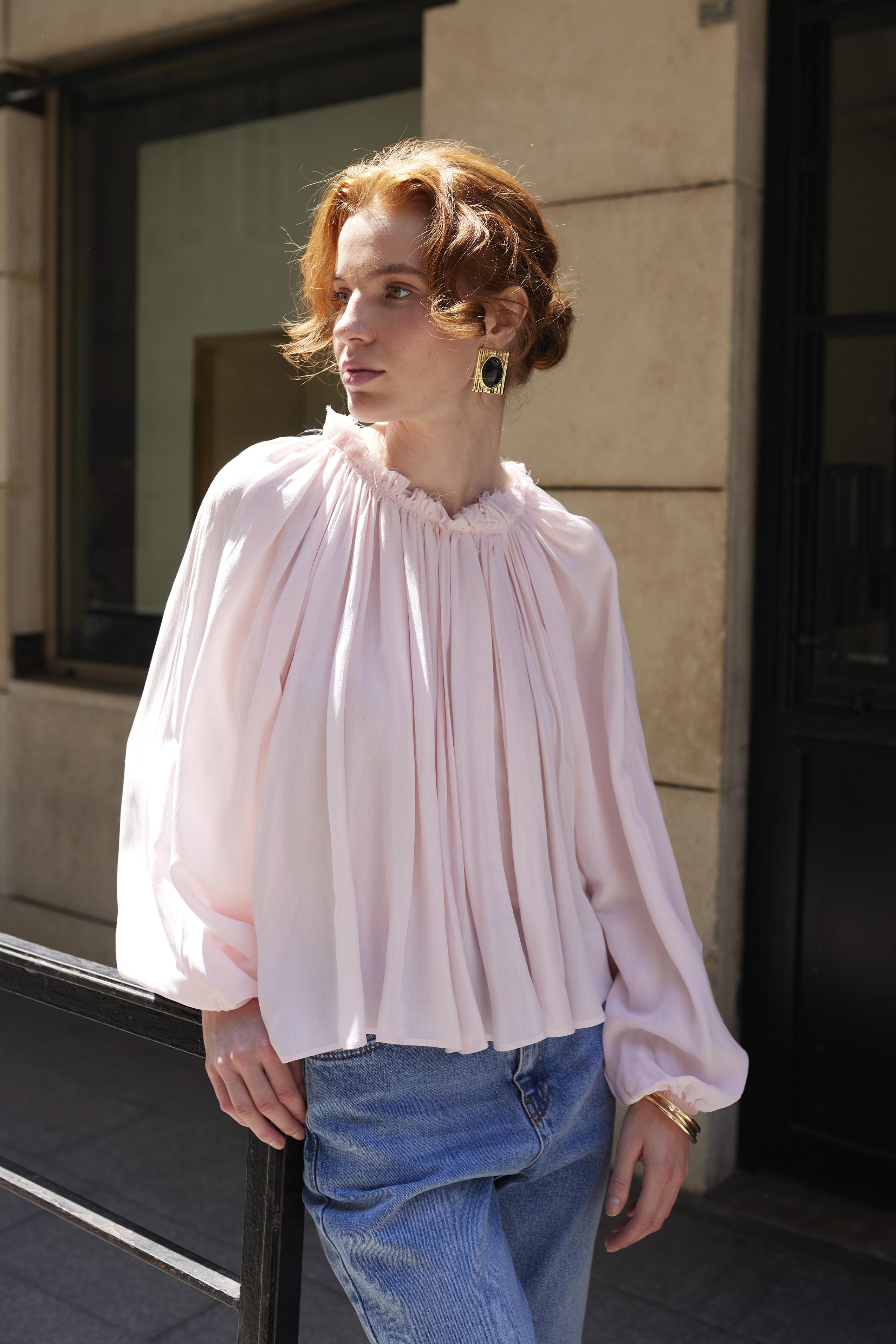 4959 YAKASI BÜZGÜLÜ BLUZ ŞEKER PEMBE