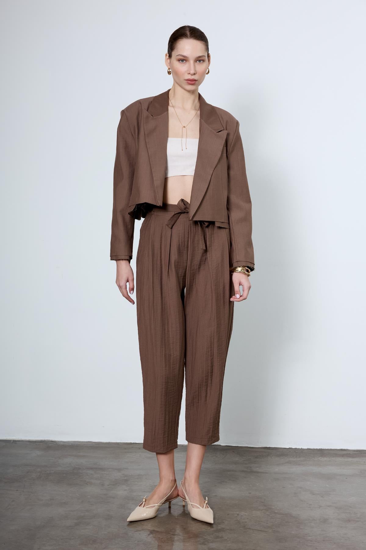 9557 CROP CEKET PANTOLON TAKIM KOYU KAHVE